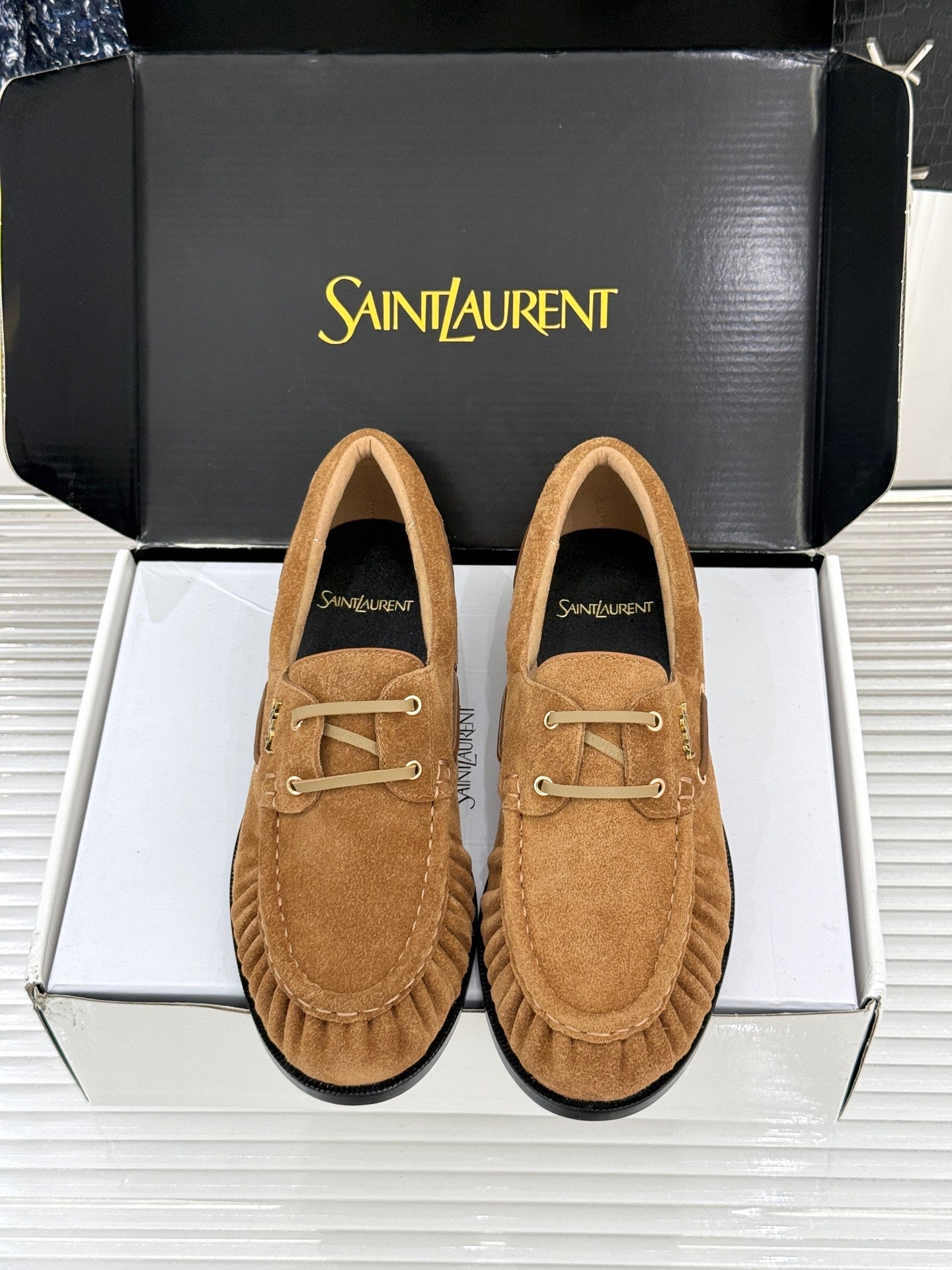 YSL 26s Le Bateau Loafer Tan Brown Suede 992286