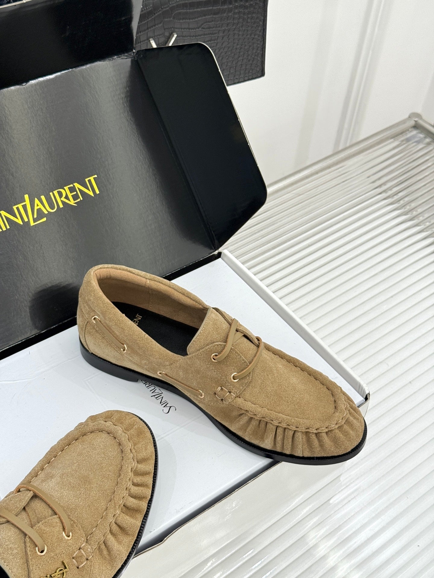 YSL 26s Le Bateau Loafer Beige Suede 992288