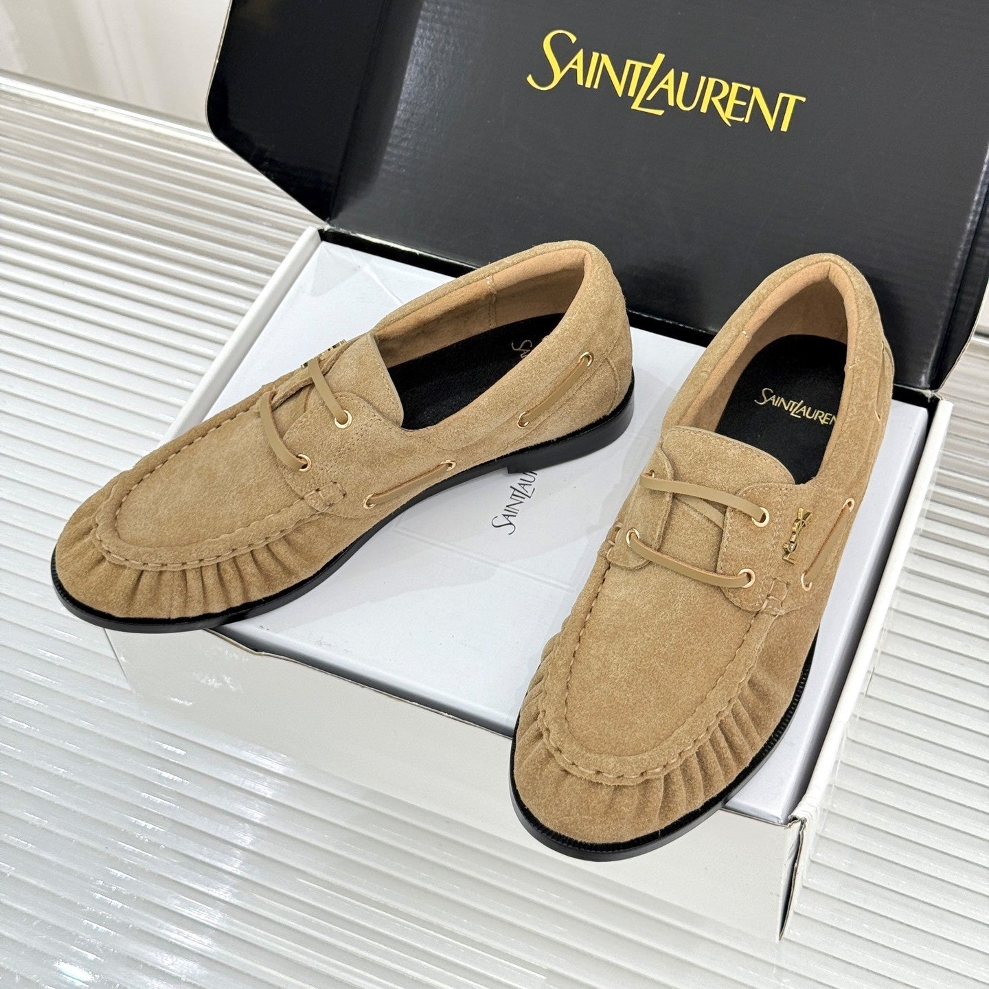 YSL 26s Le Bateau Loafer Beige Suede 992288