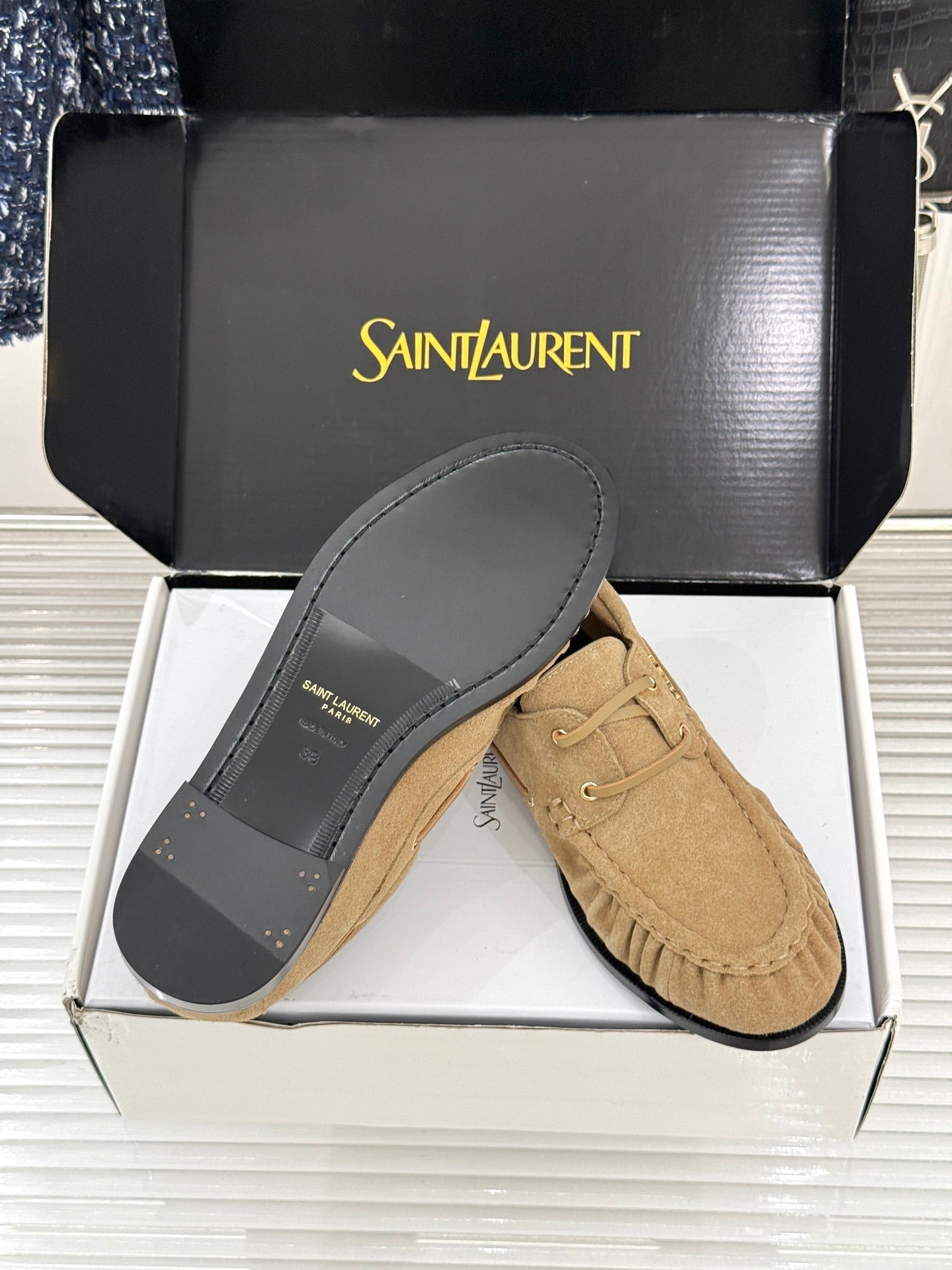 YSL 26s Le Bateau Loafer Beige Suede 992288
