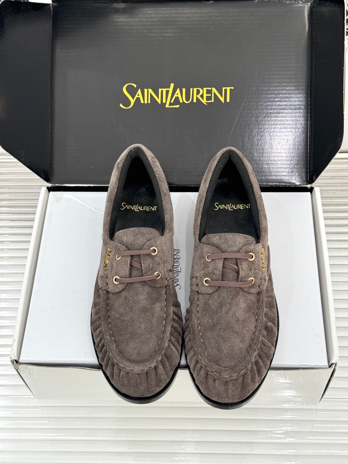 YSL 26s Le Bateau Loafer Taupe Suede 992289