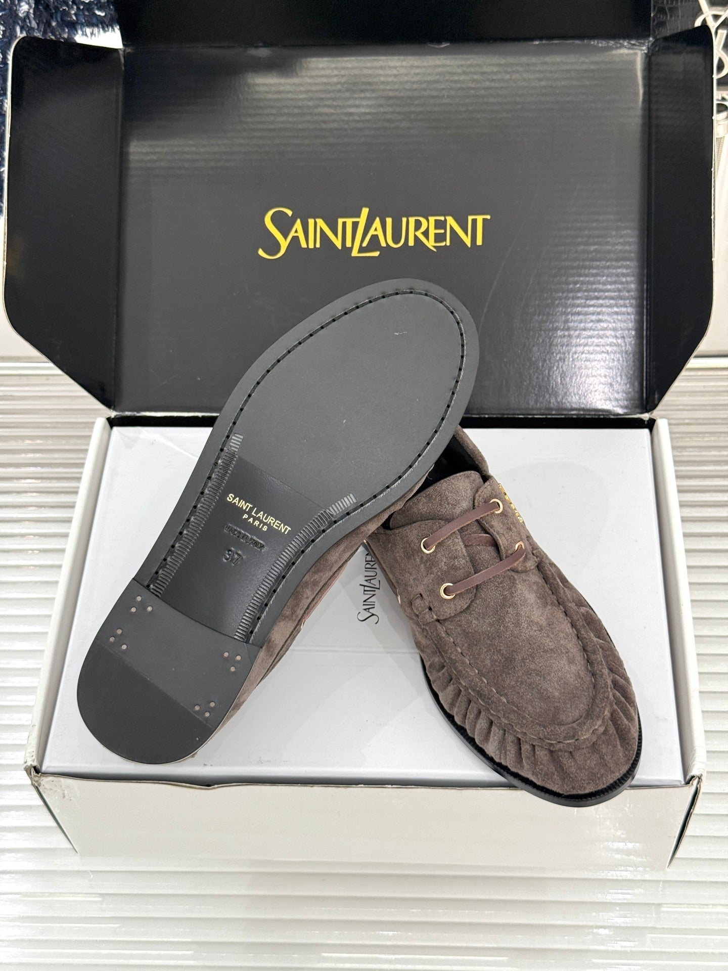 YSL 26s Le Bateau Loafer Taupe Suede 992289