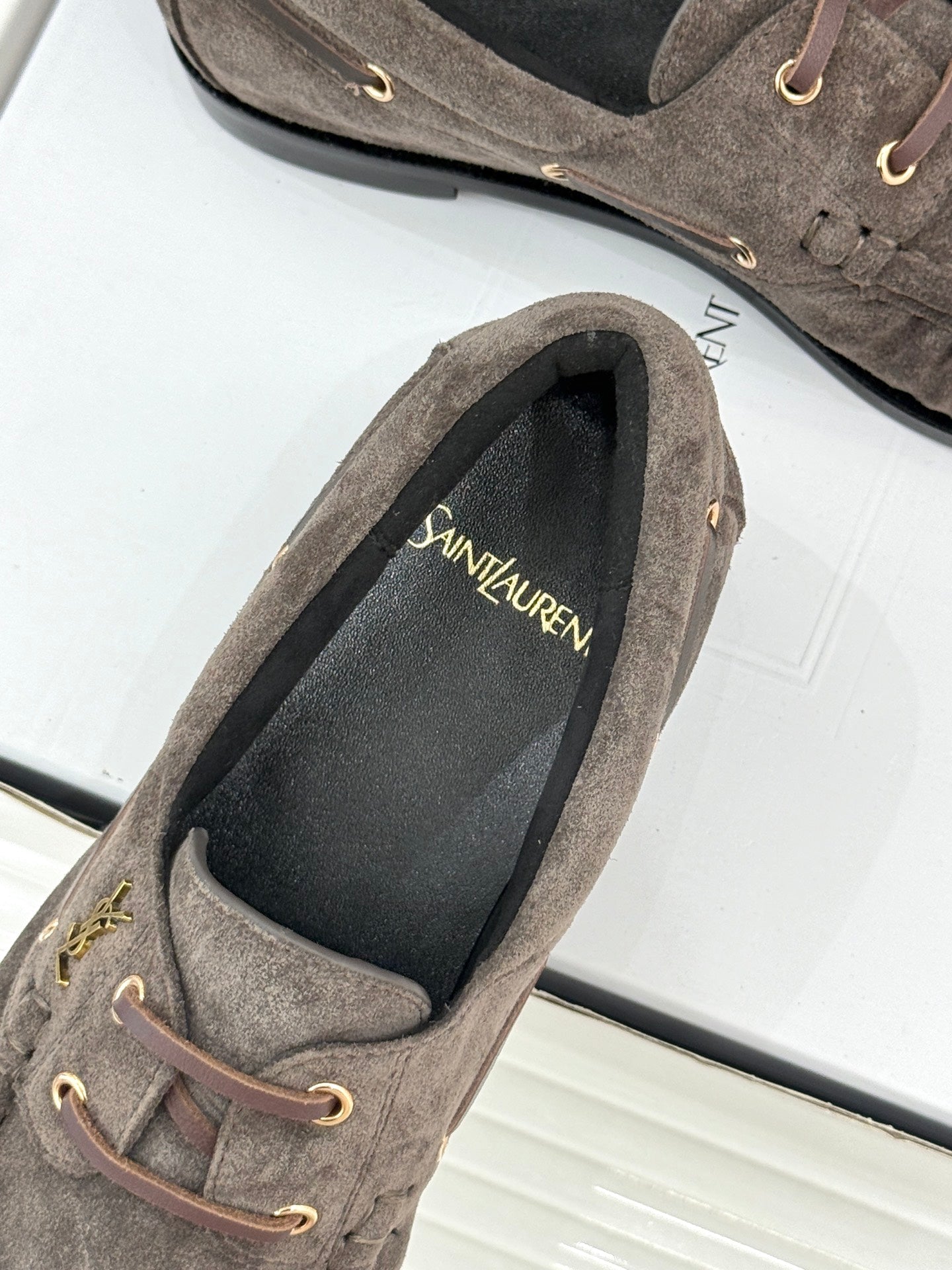 YSL 26s Le Bateau Loafer Taupe Suede 992289
