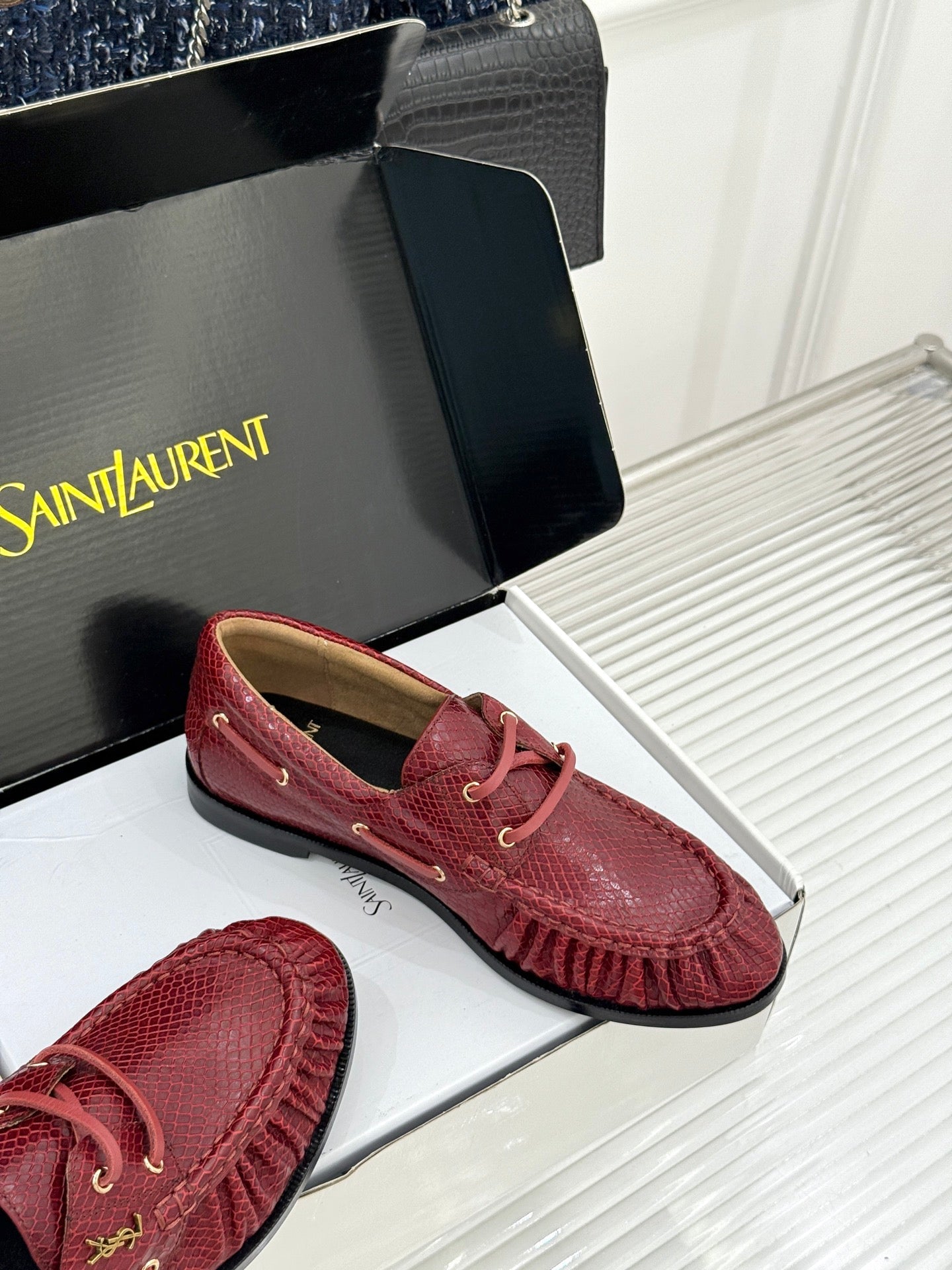 YSL 26s Le Bateau Loafer Burgundy Lizard-embossed Leather 992292