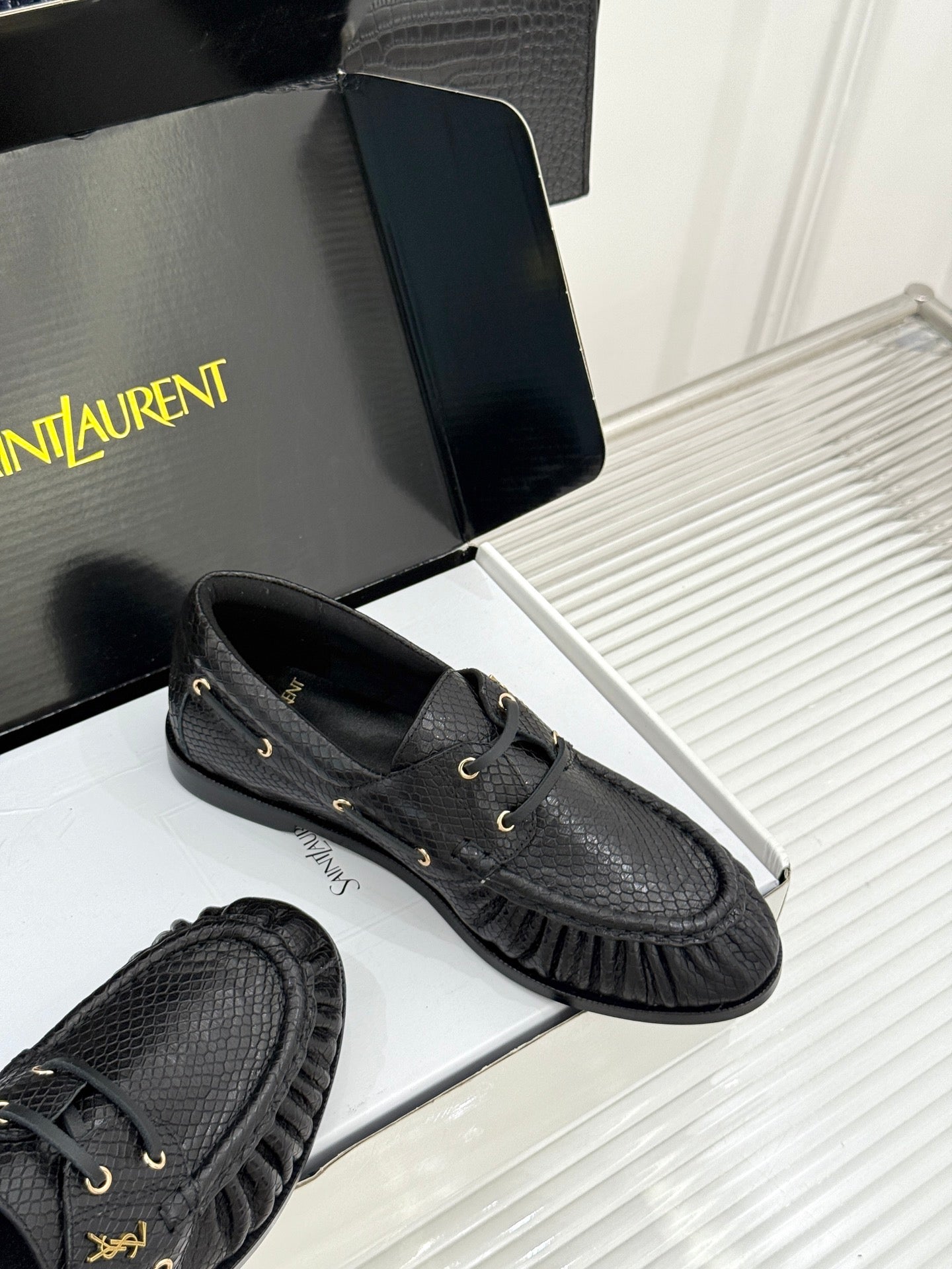 YSL 26s Le Bateau Loafer Black Lizard-embossed Leather 992294