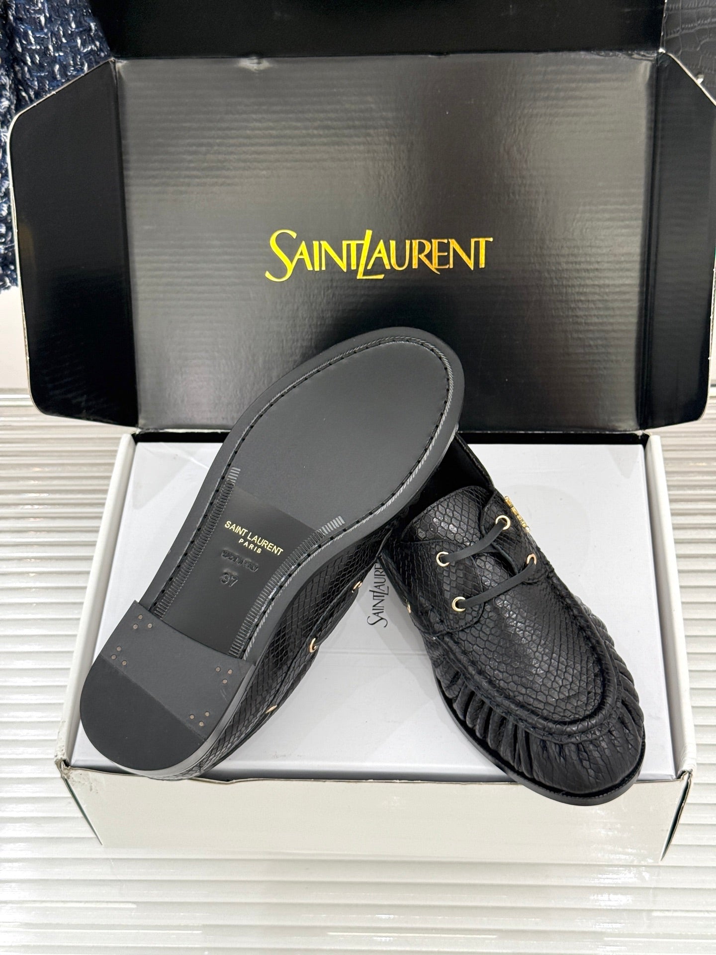 YSL 26s Le Bateau Loafer Black Lizard-embossed Leather 992294