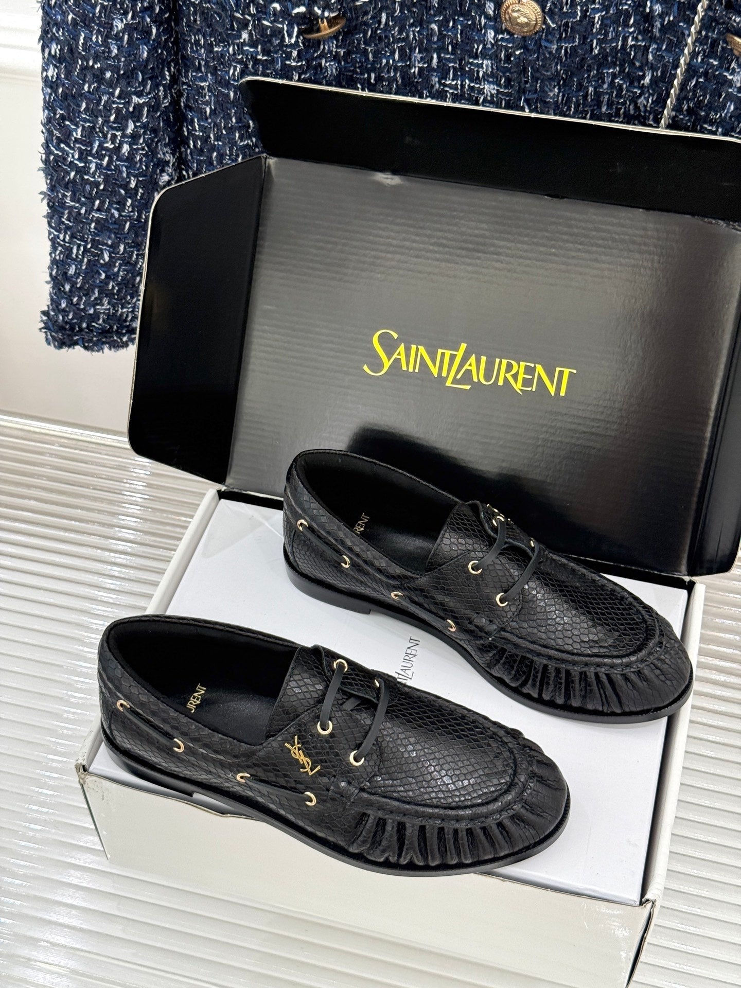 YSL 26s Le Bateau Loafer Black Lizard-embossed Leather 992294