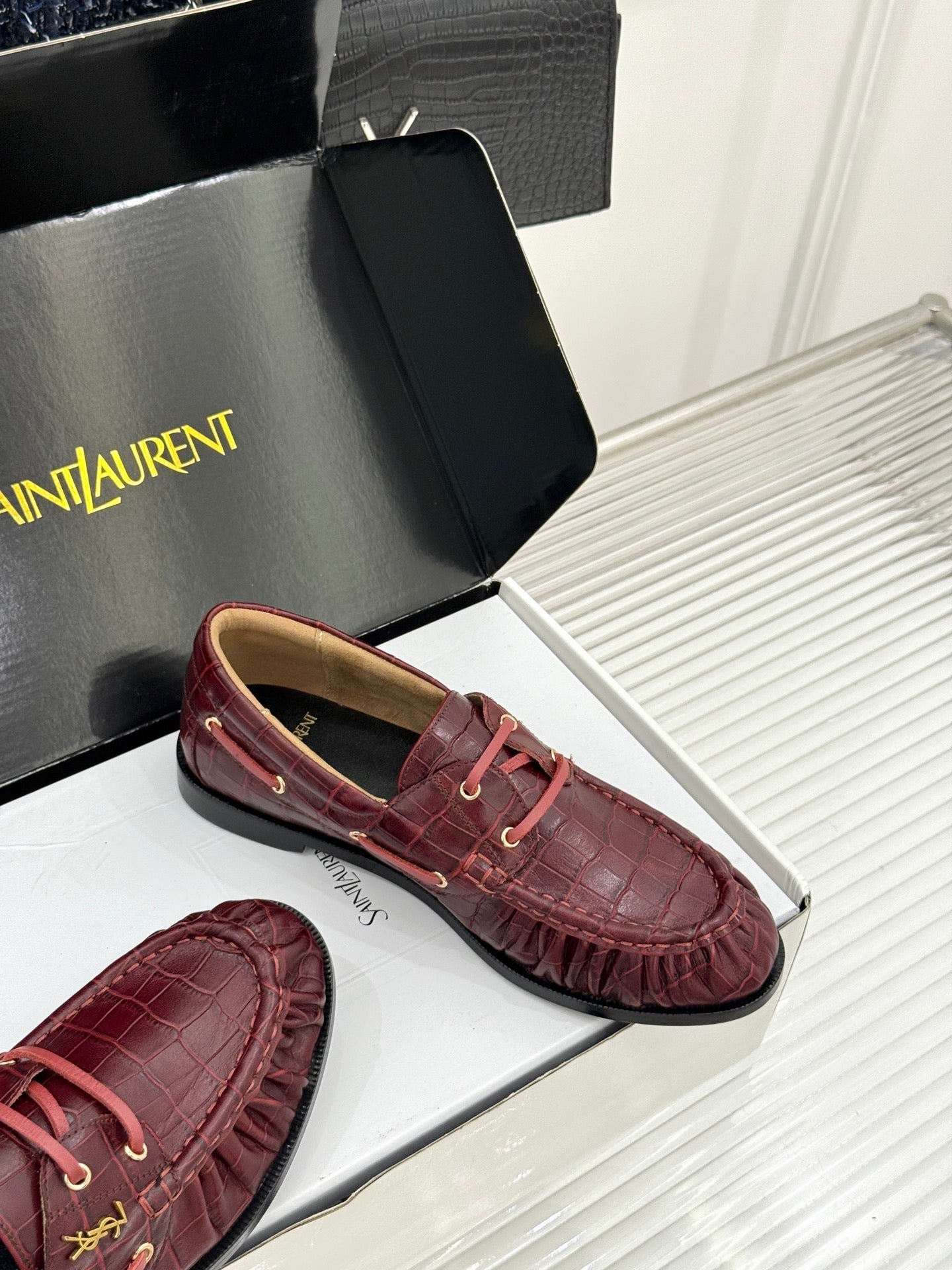 YSL 26s Le Bateau Loafer Burgundy Croc-embossed Leather 992299