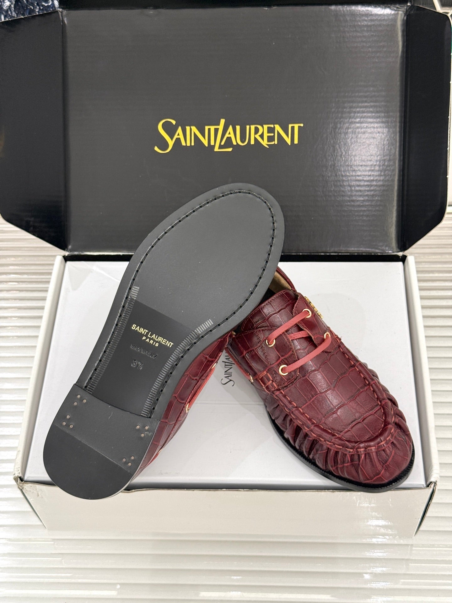 YSL 26s Le Bateau Loafer Burgundy Croc-embossed Leather 992299