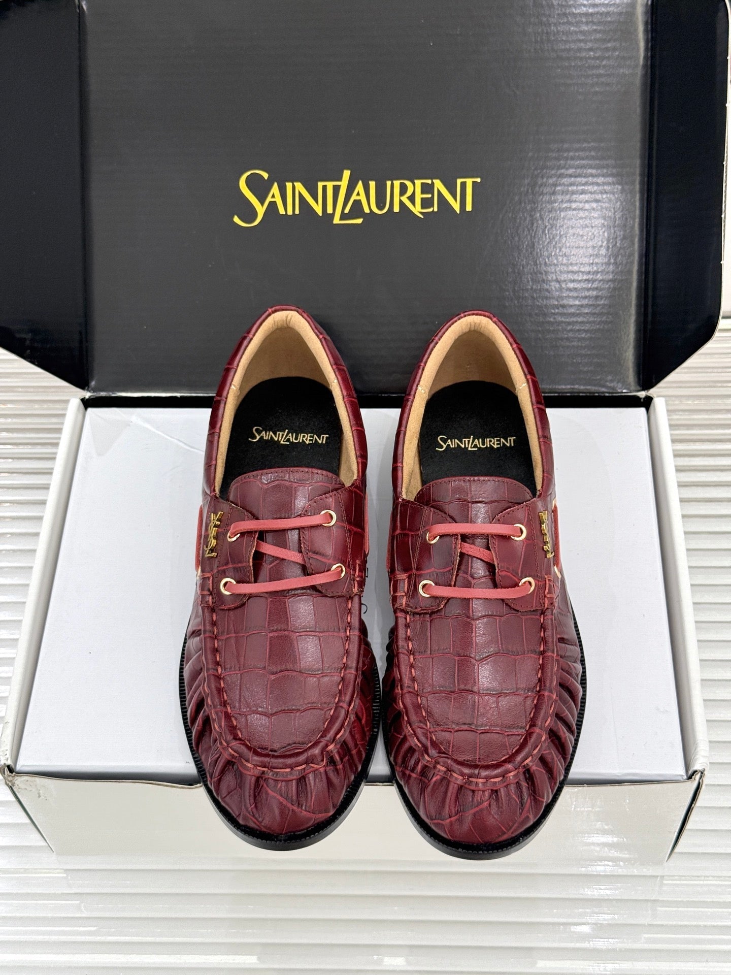 YSL 26s Le Bateau Loafer Burgundy Croc-embossed Leather 992299