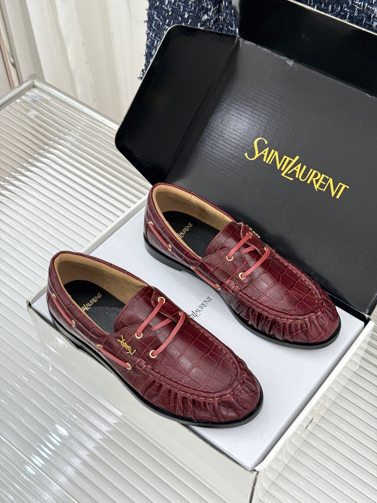 YSL 26s Le Bateau Loafer Burgundy Croc-embossed Leather 992299