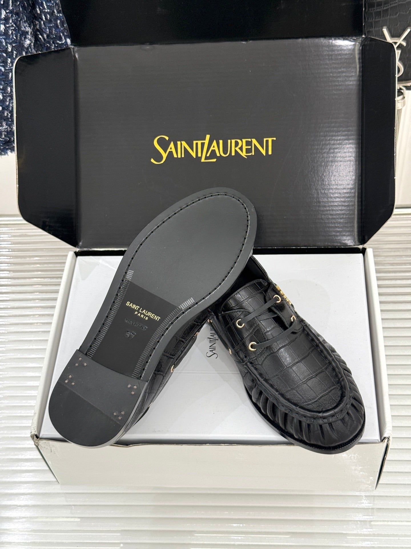 YSL 26s Le Bateau Loafer Black Croc-embossed Leather 992300