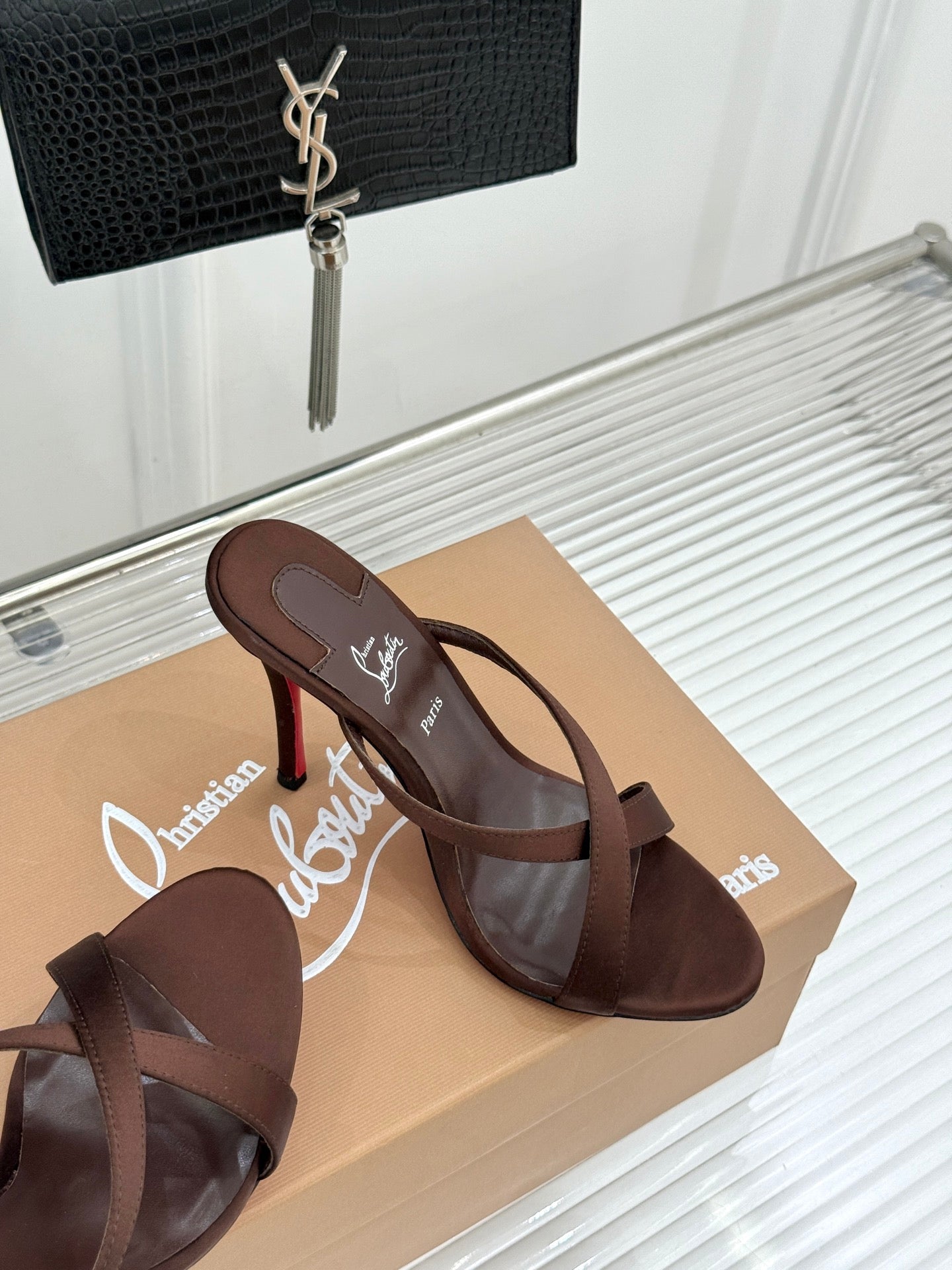 CL 26s Mulazee Cross Mules 8cm Brown Satin Leather 991531