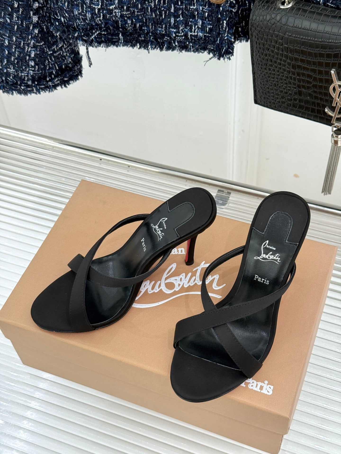 CL 26s Mulazee Cross Mules 8cm Black Satin Leather 991533