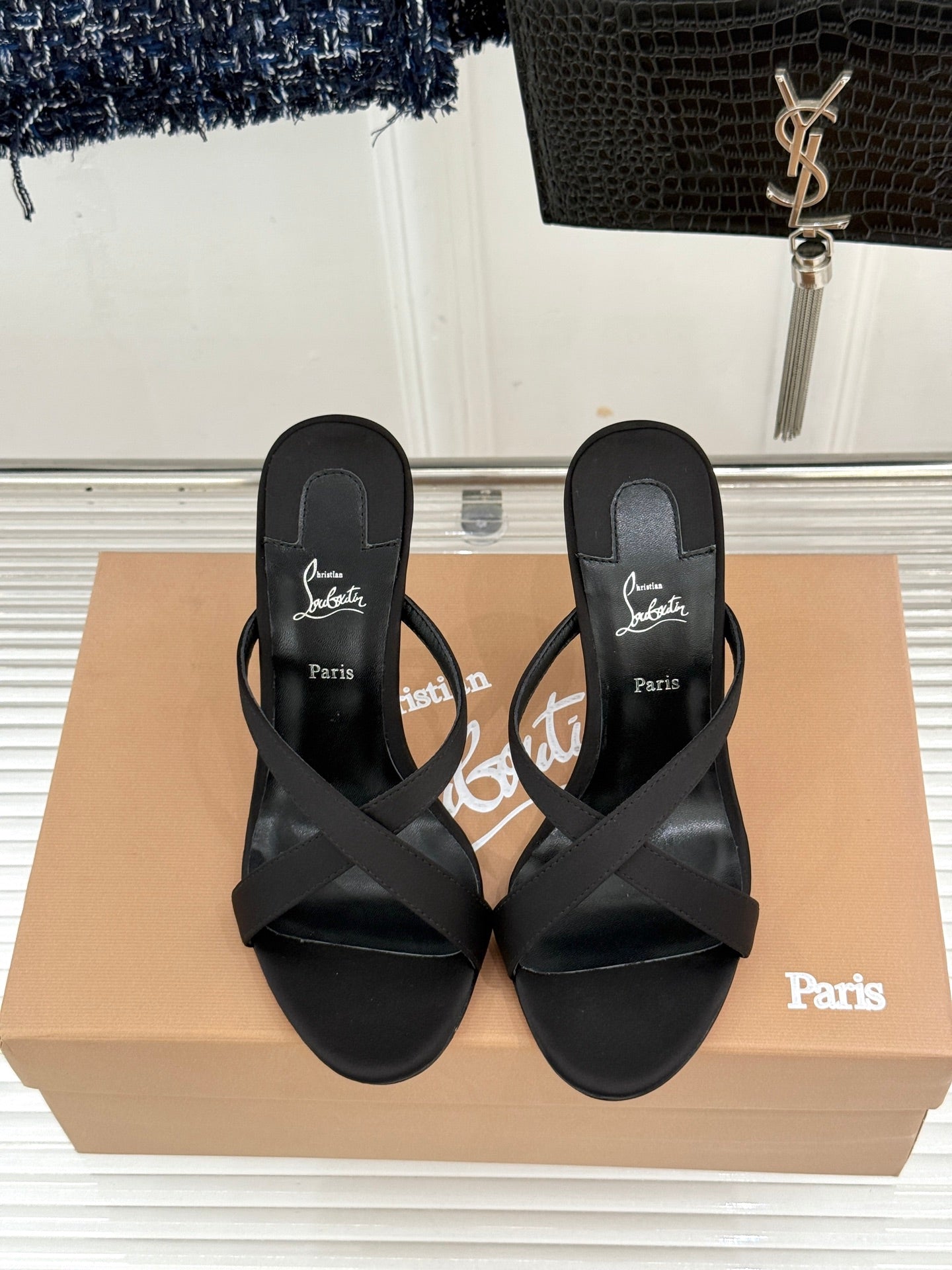 CL 26s Mulazee Cross Mules 8cm Black Satin Leather 991533