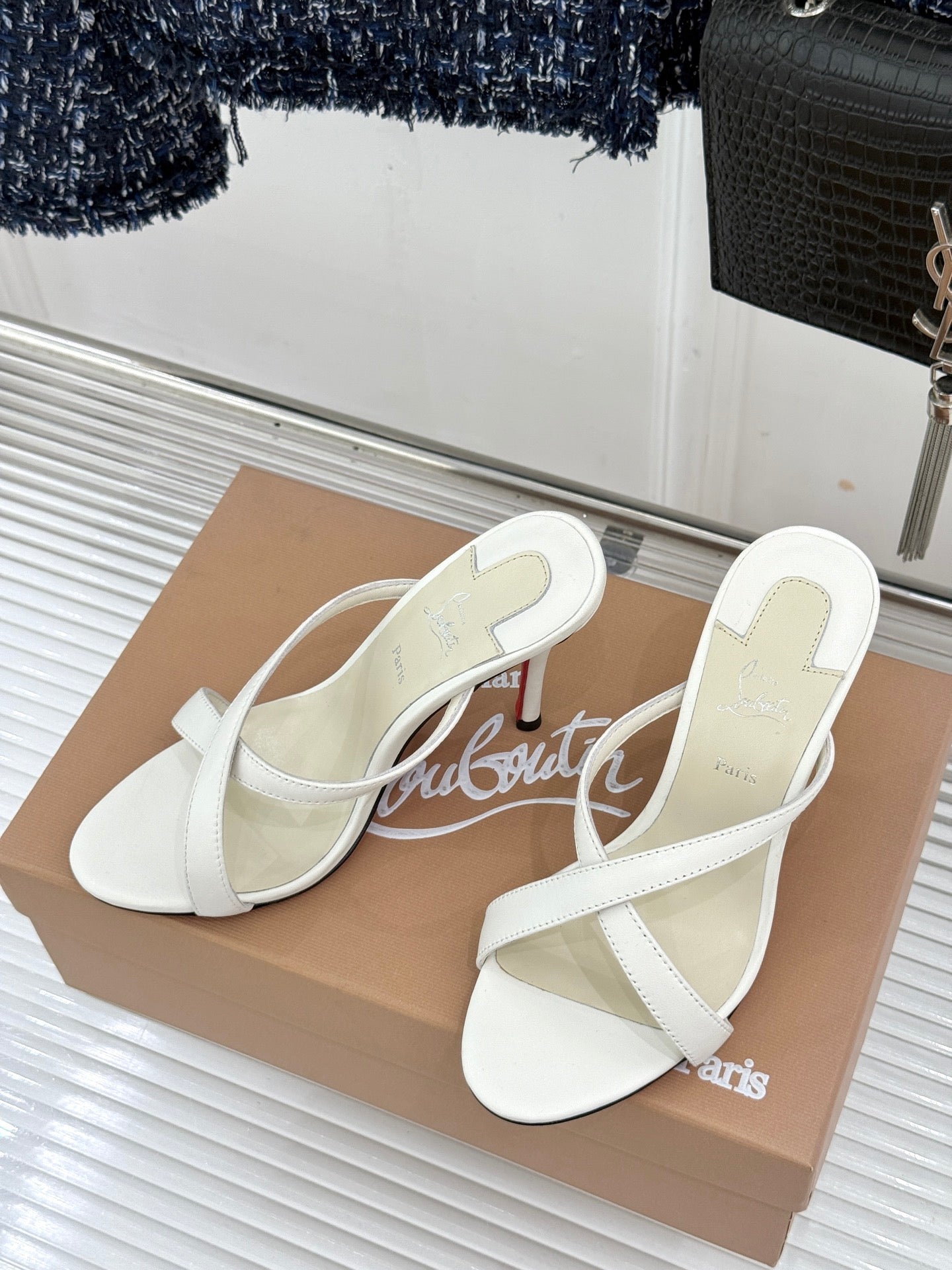 CL 26s Mulazee Cross Mules 8cm White Satin Leather 991535