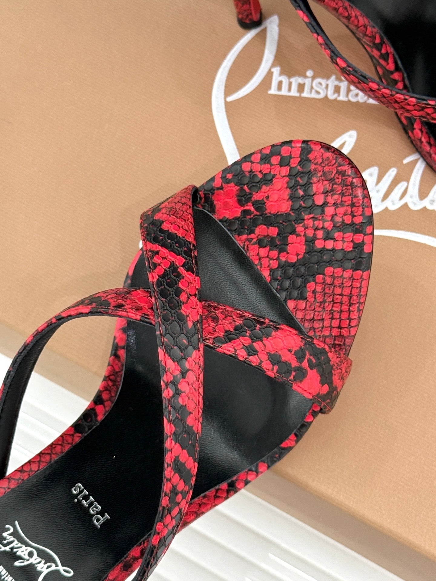 CL 26s Mulazee Cross Mules 8cm Red Black Watersnake Leather 991535