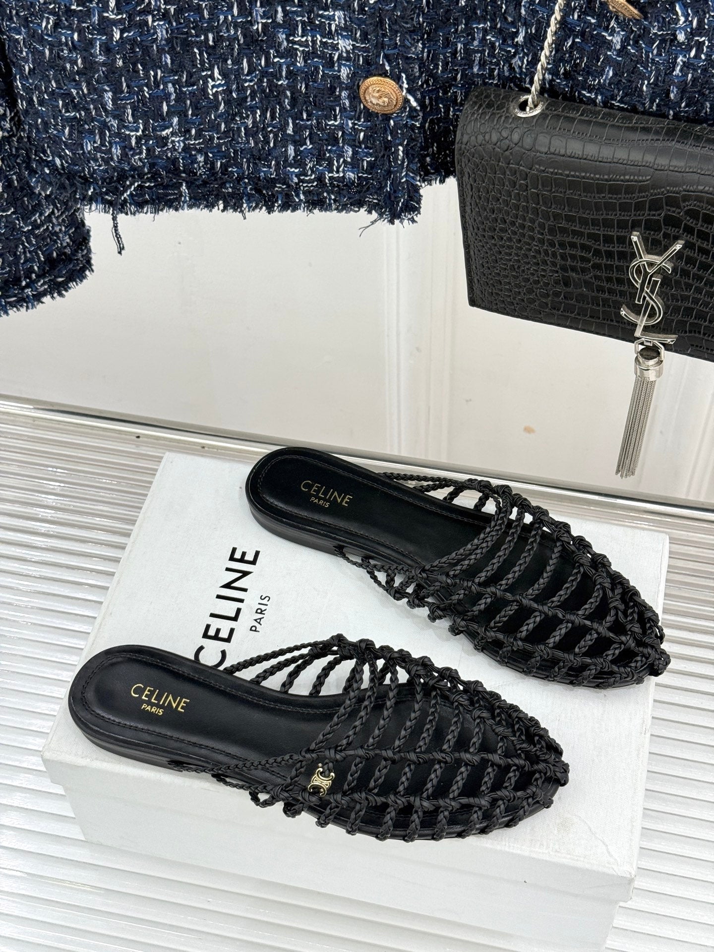 Celine 26s Scoobie Braided Mules Black Lambskin 991451