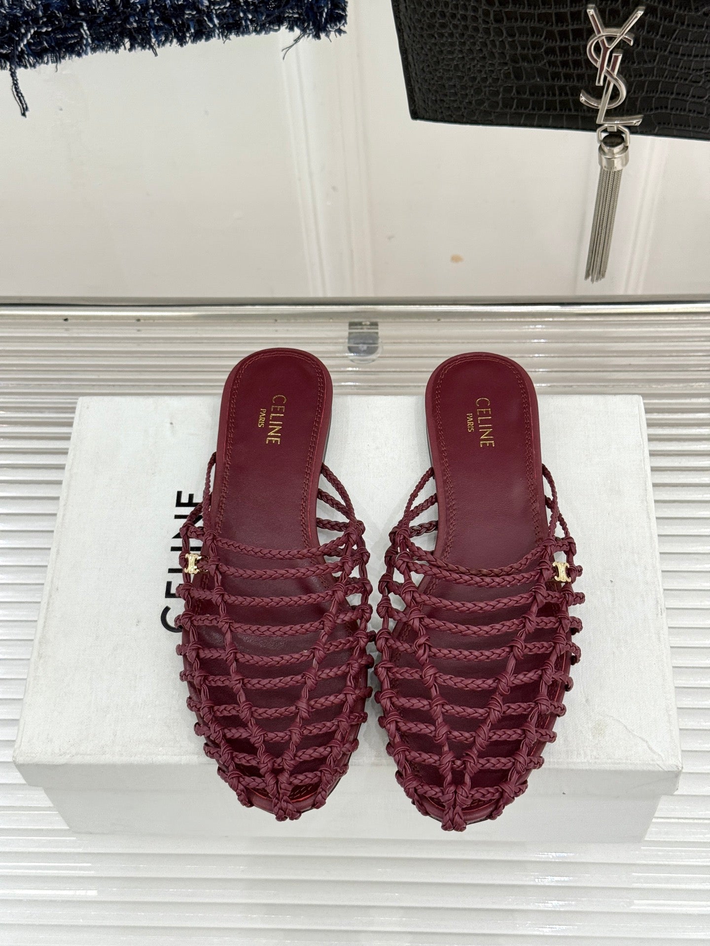Celine 26s Scoobie Braided Mules Burgundy Lambskin 991453