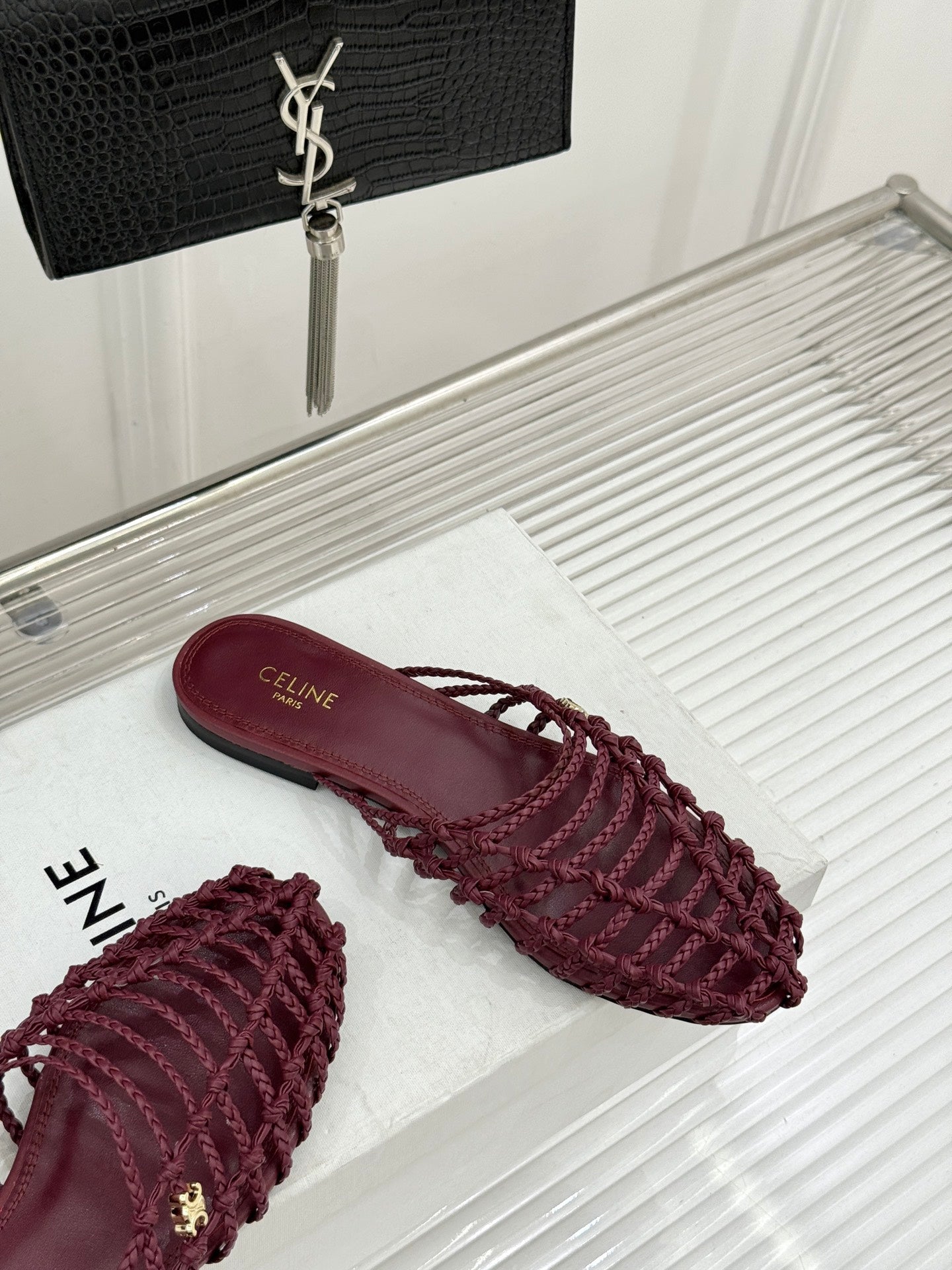 Celine 26s Scoobie Braided Mules Burgundy Lambskin 991453