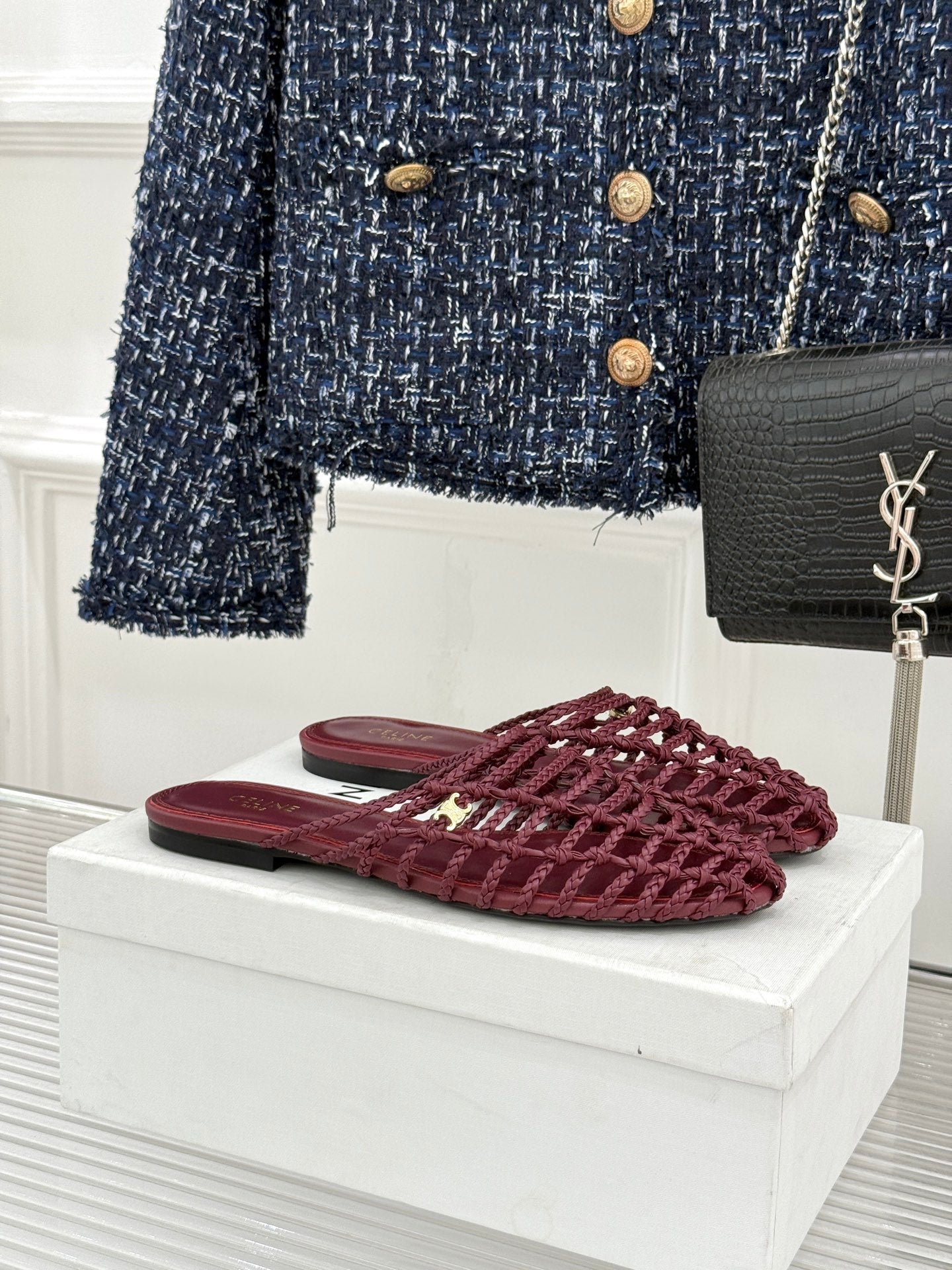 Celine 26s Scoobie Braided Mules Burgundy Lambskin 991453
