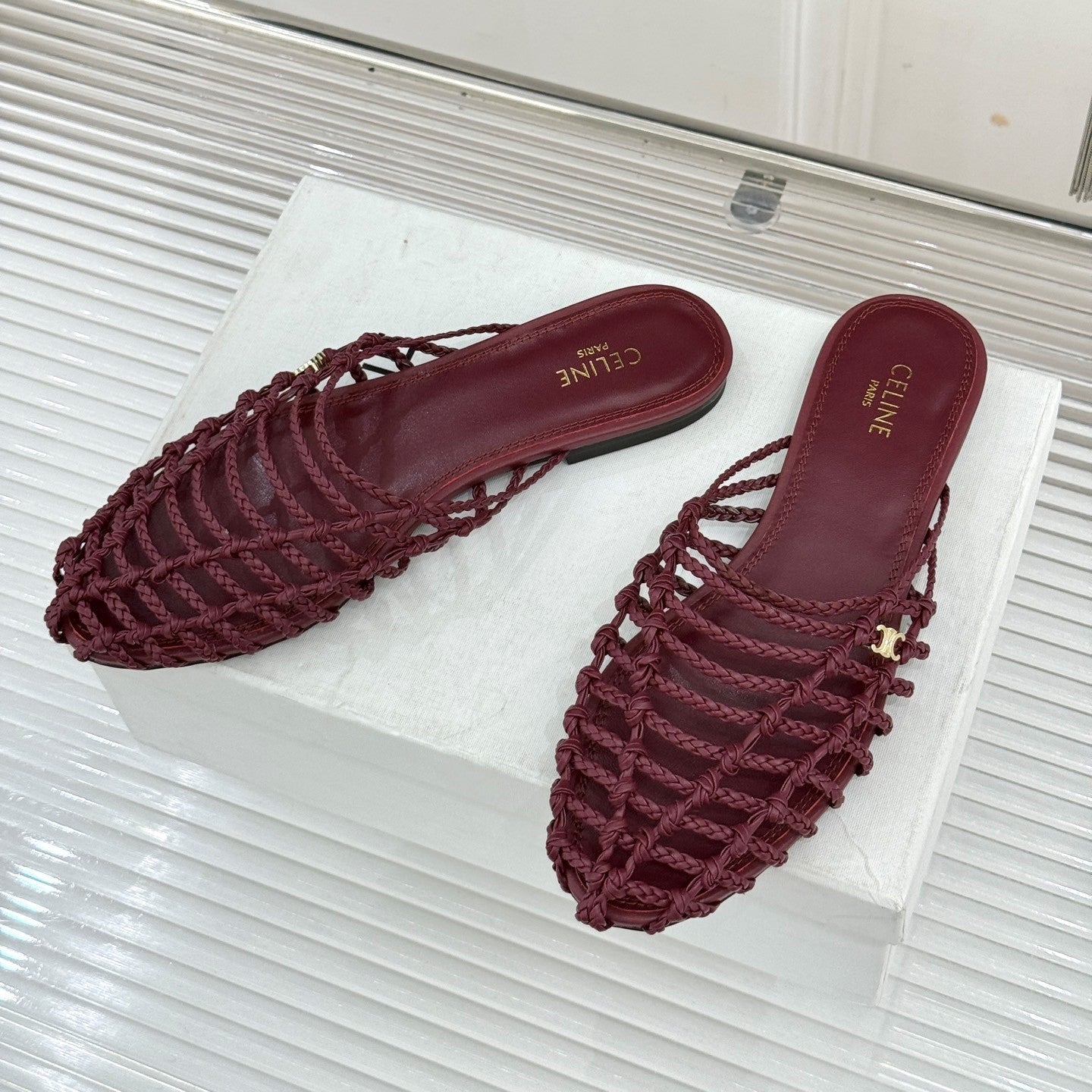 Celine 26s Scoobie Braided Mules Burgundy Lambskin 991453