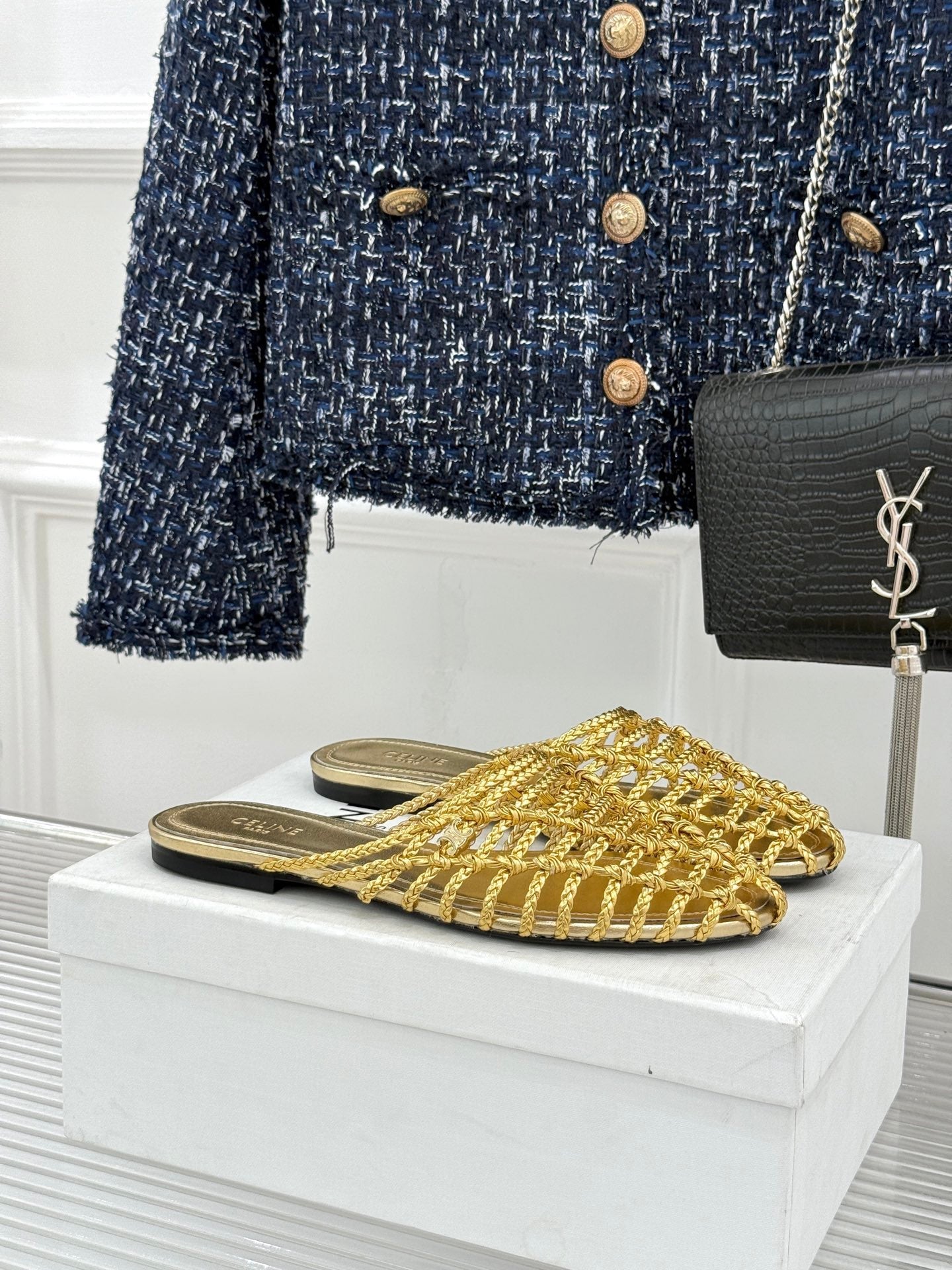 Celine 26s Scoobie Braided Mules Gold Lambskin 991454