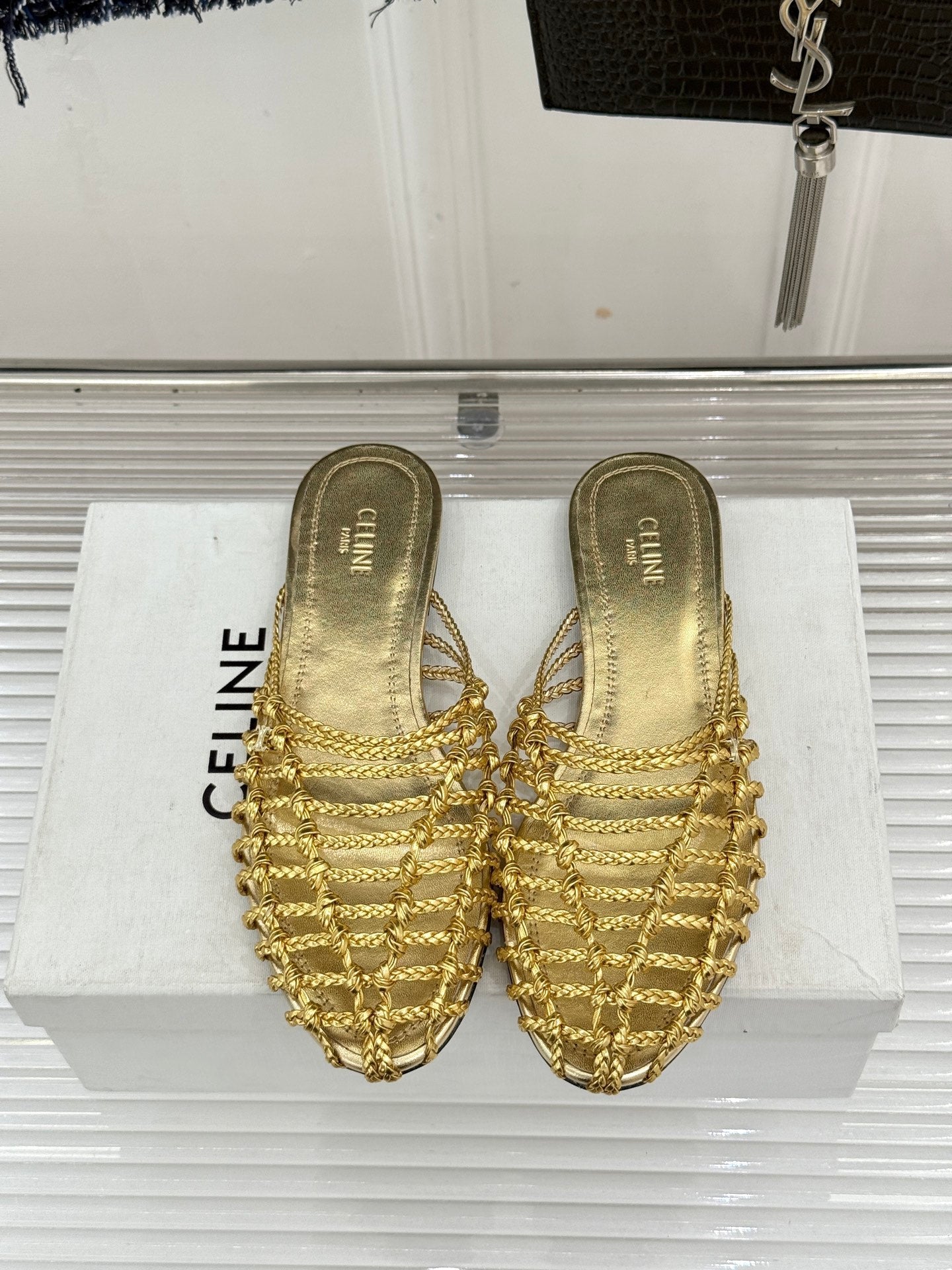 Celine 26s Scoobie Braided Mules Gold Lambskin 991454