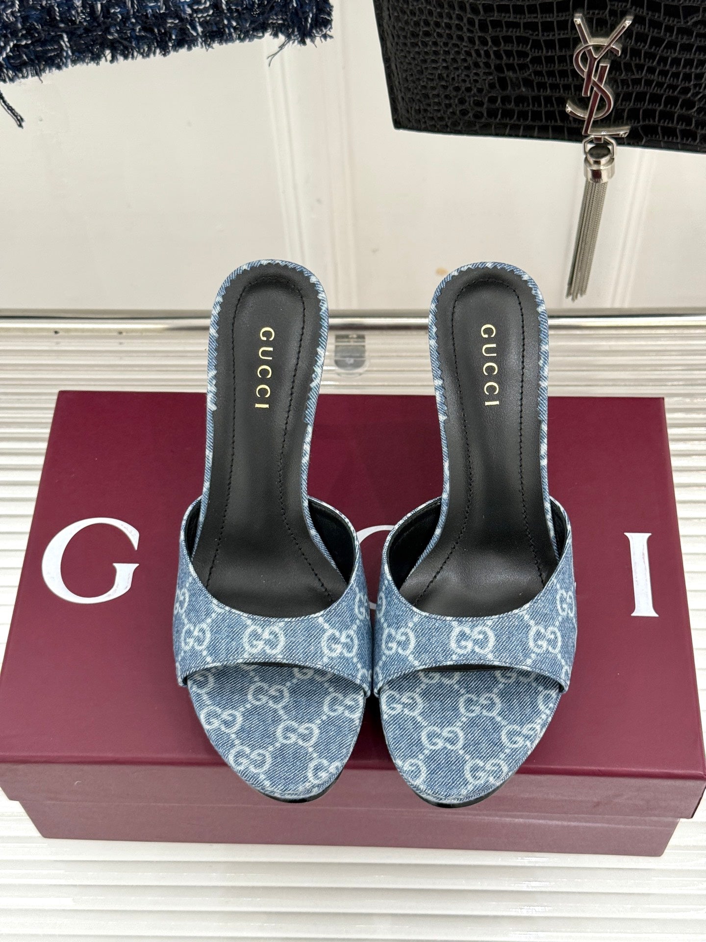 GG 26s Sorbetto Slide Sandal 12cm Blue Canvas 991739
