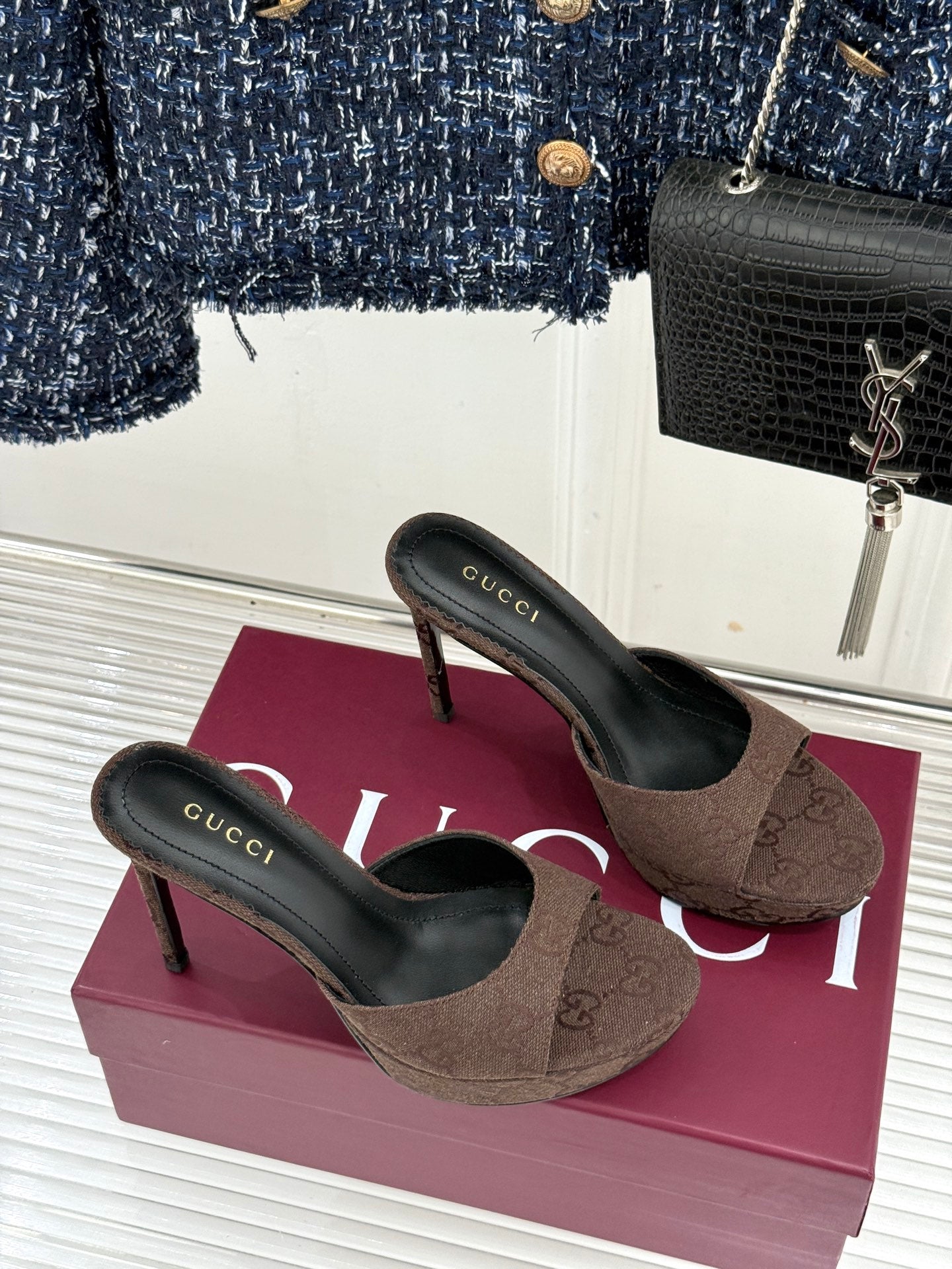GG 26s Sorbetto Slide Sandal 12cm Coffee Canvas 991740