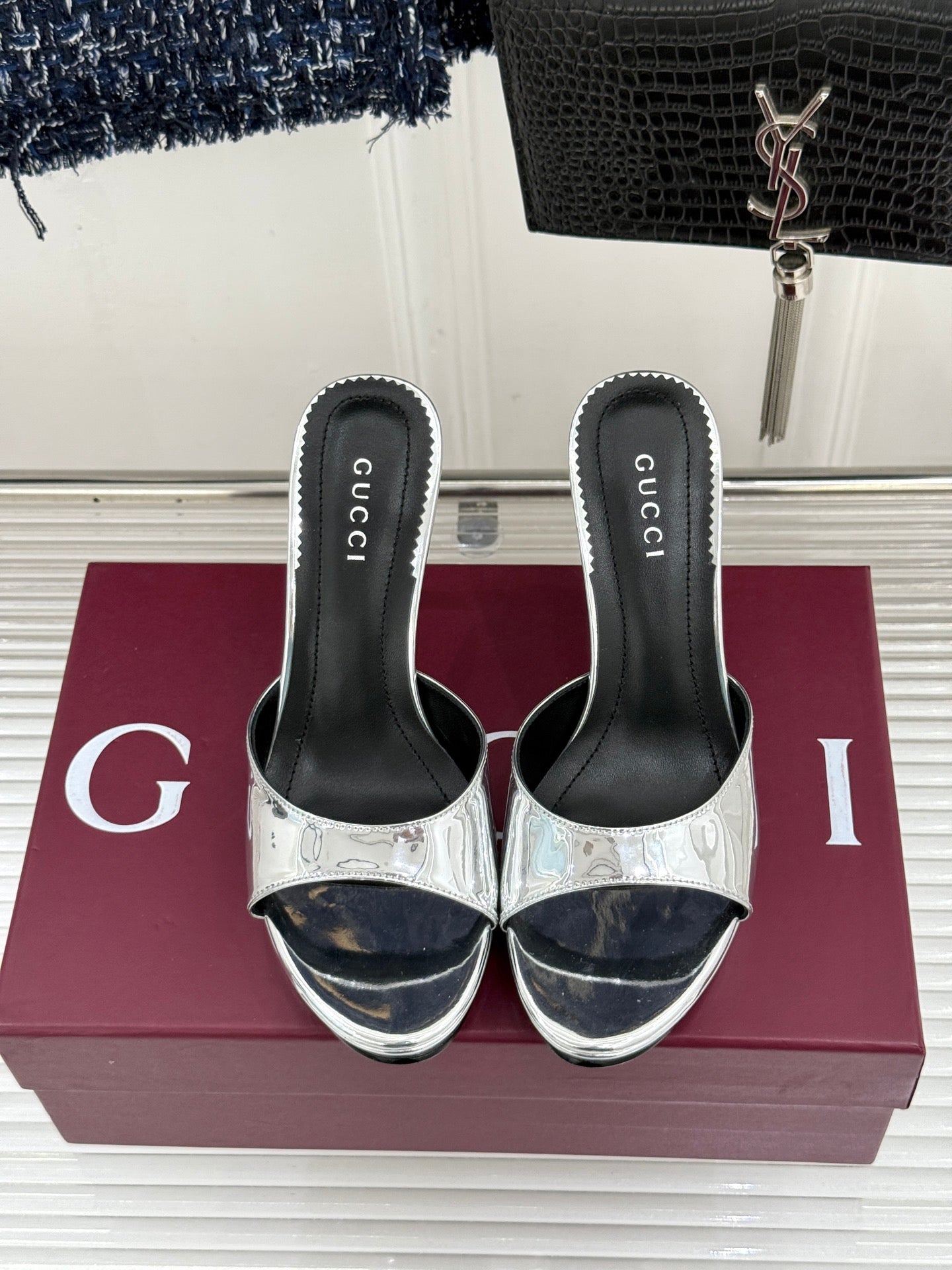 GG 26s Sorbetto Slide Sandal 12cm Sliver Sheepskin 991746