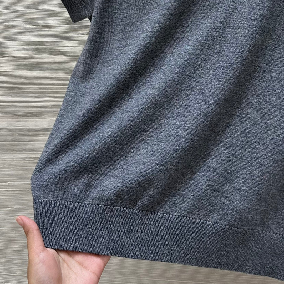 Miu Miu 25 Polo Collar Short-sleeve Knitted Top Gray Wool