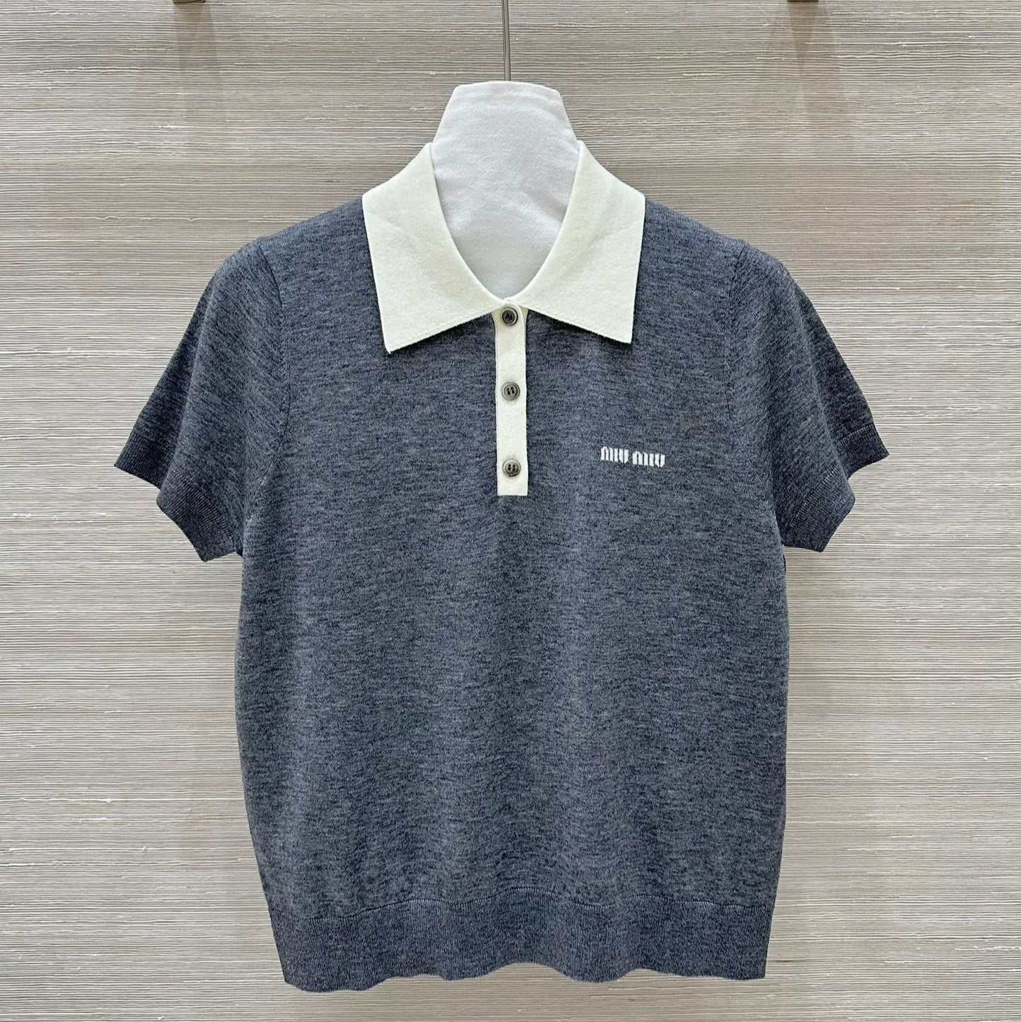 Miu Miu 25 Polo Collar Short-sleeve Knitted Top Gray Wool
