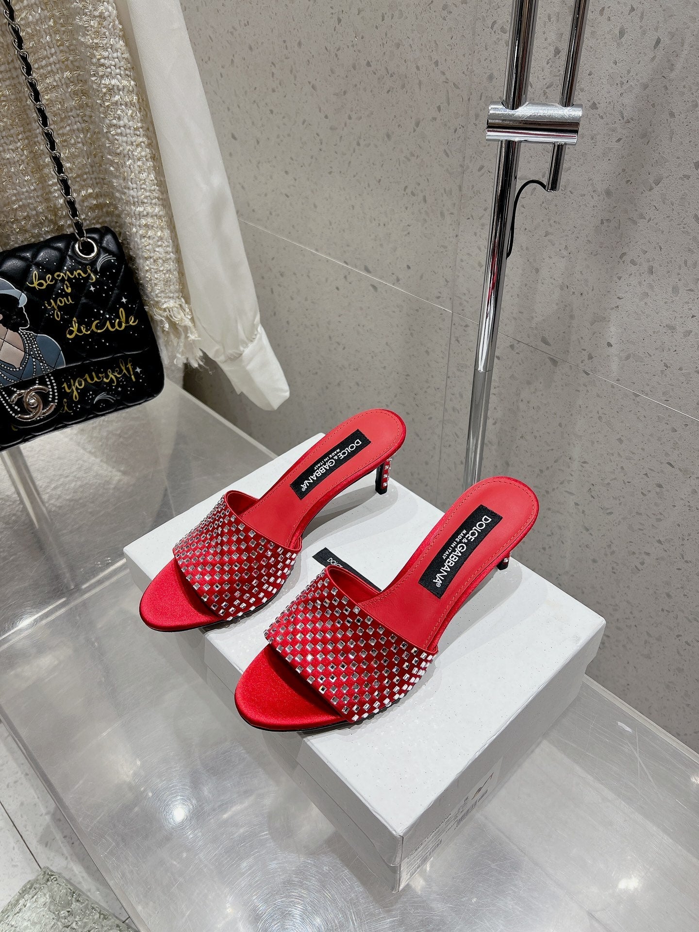 DC Rhinestone Mules 65mm Red Silk & Sheepskin 359515