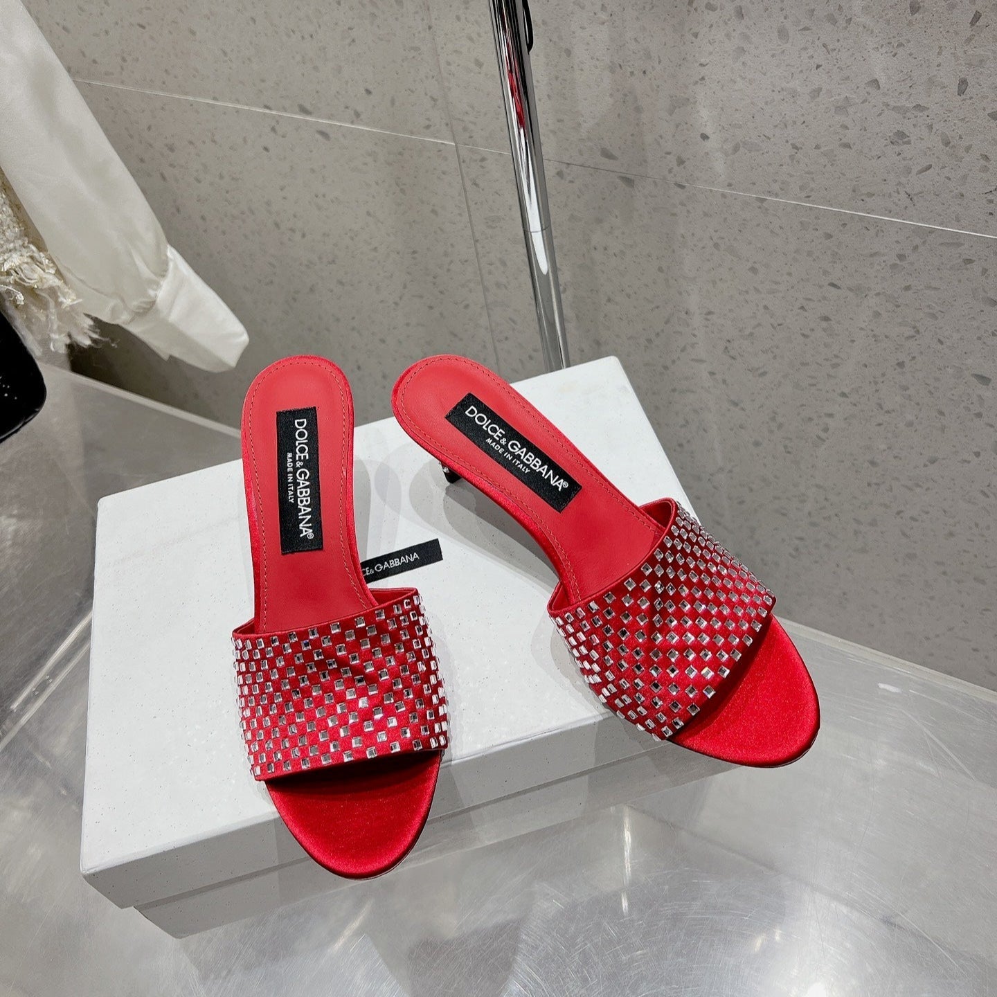 DC Rhinestone Mules 65mm Red Silk & Sheepskin 359515
