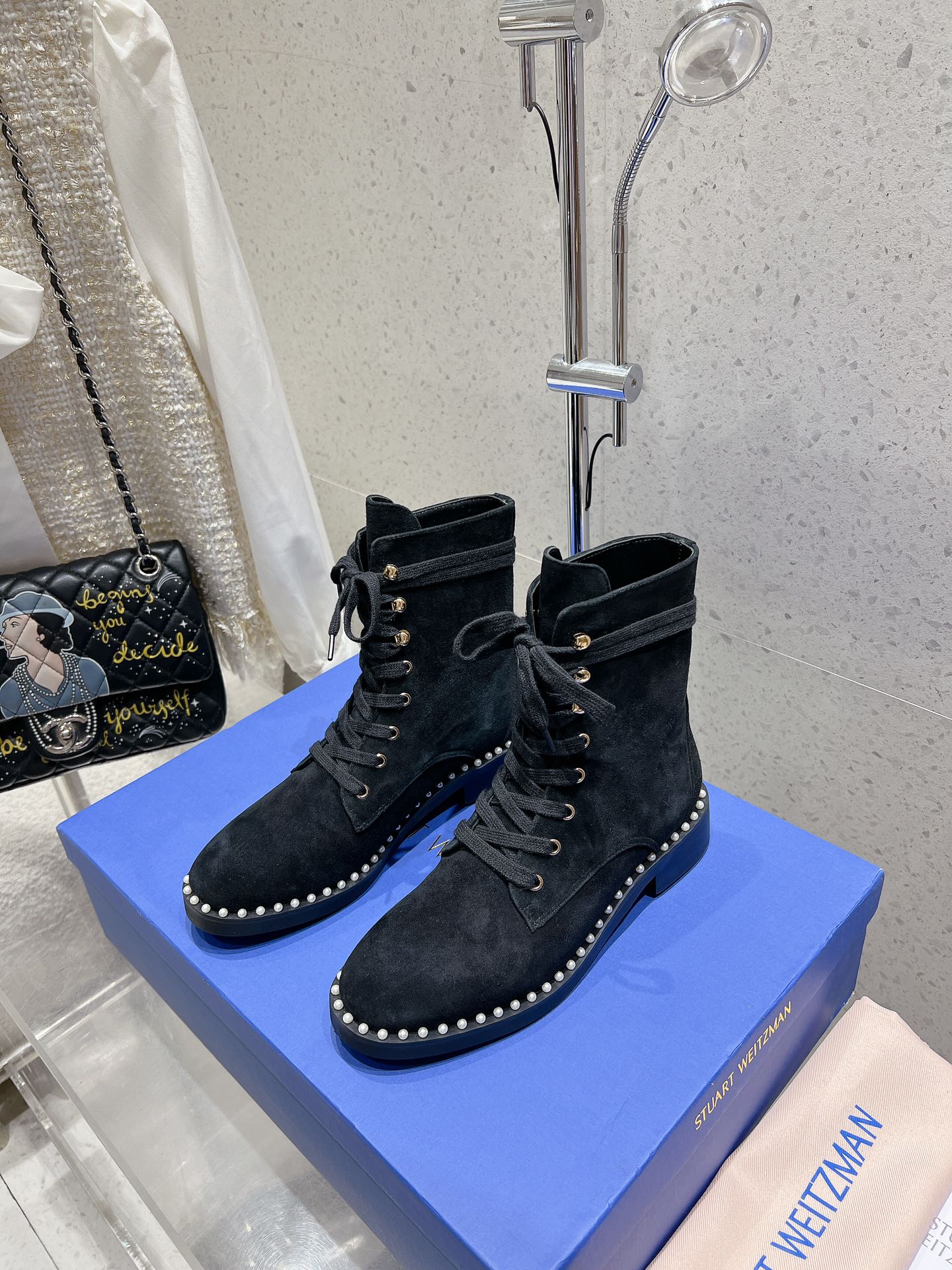 SW  Mckenzee Boot with Pearl Chain Black Suede 554360