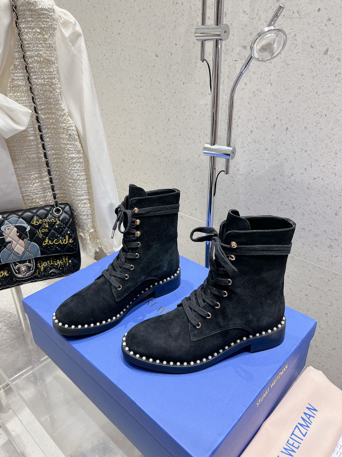 SW  Mckenzee Boot with Pearl Chain Black Suede 554360