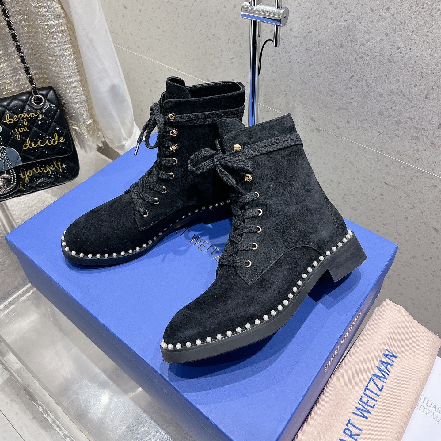 SW  Mckenzee Boot with Pearl Chain Black Suede 554360