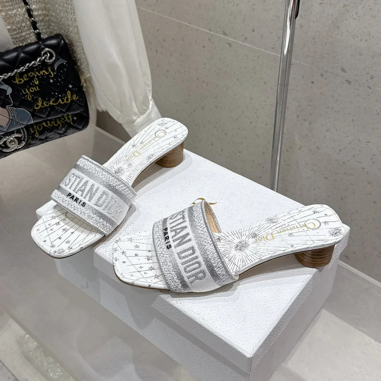 CD 26s Embroidered Flat Slippers White Gray Canvas Leather 636396