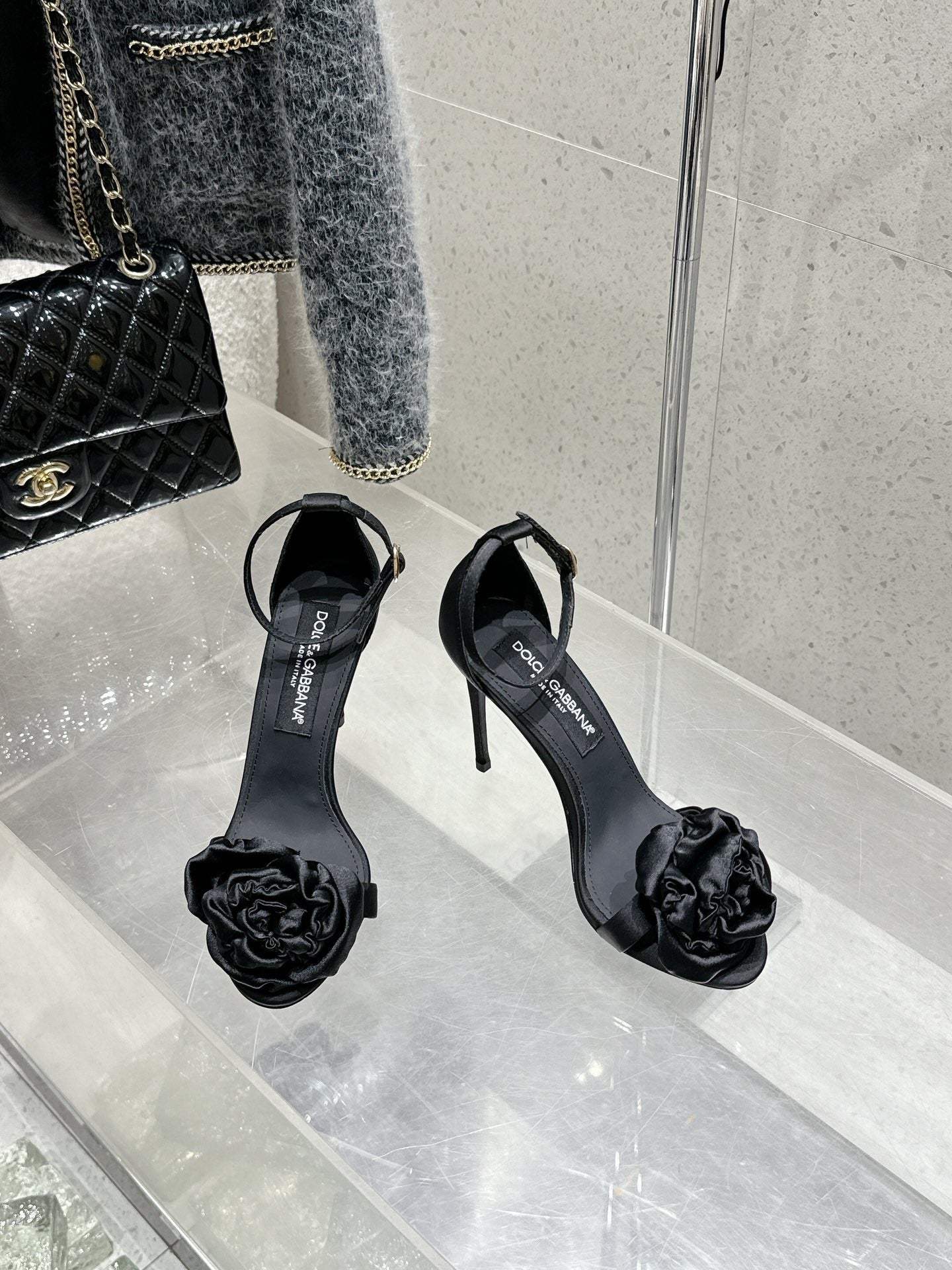 DC Flower High Heel Sandals 105mm Black Satin & Sheepskin 359507