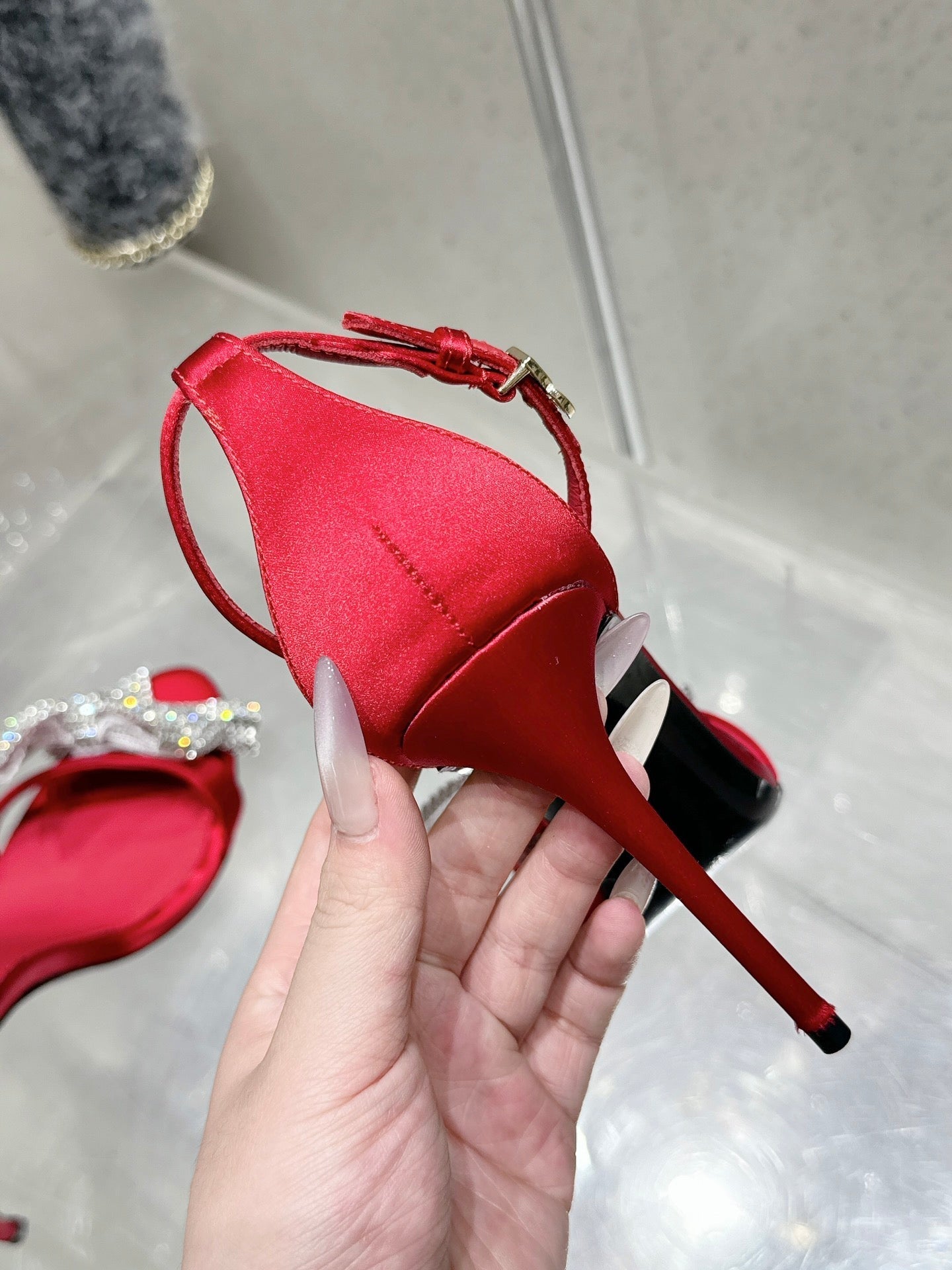 DC Rhinestone Bow Heel Sandals 105mm Red Satin & Sheepskin 359508