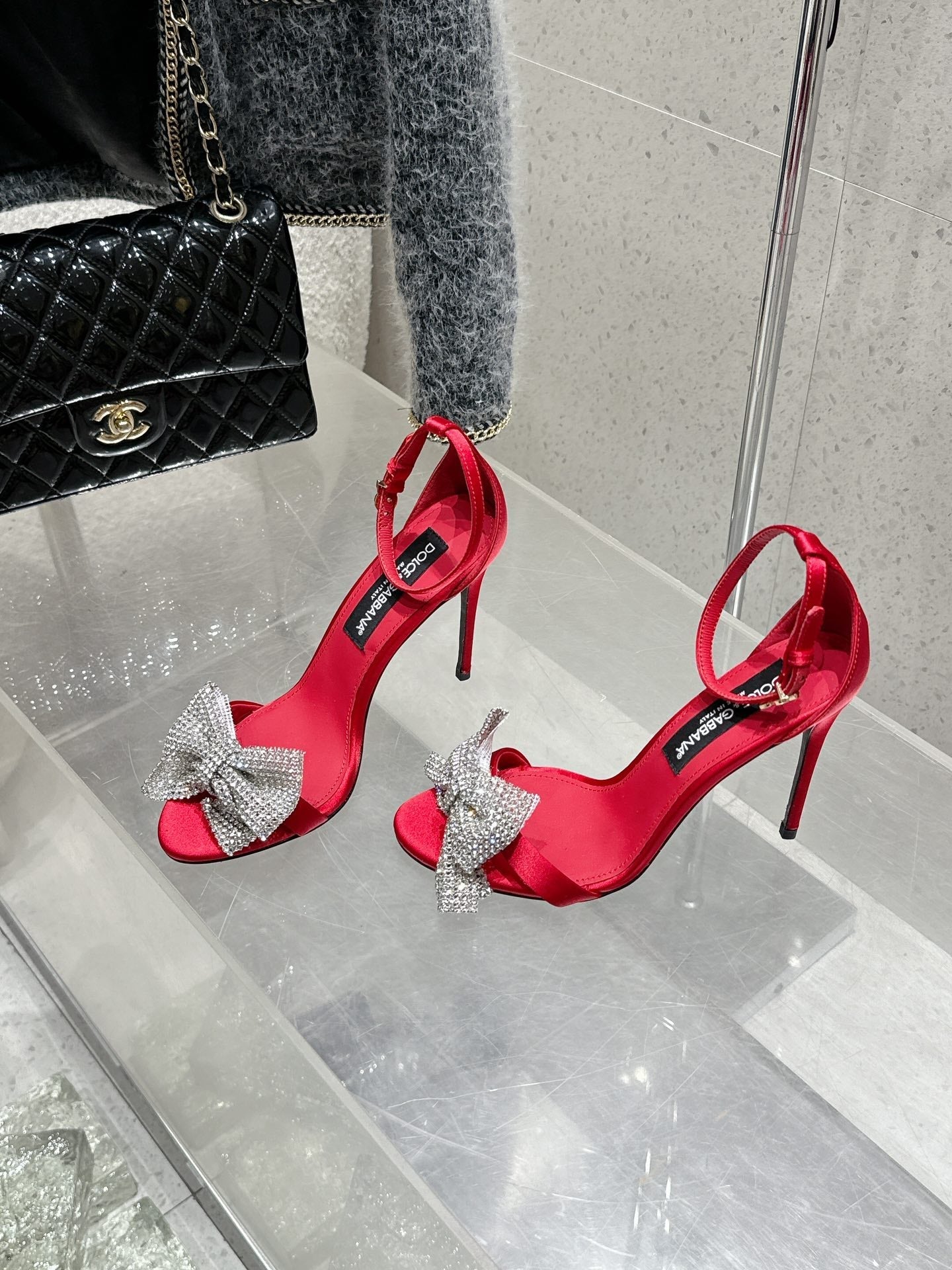 DC Rhinestone Bow Heel Sandals 105mm Red Satin & Sheepskin 359508