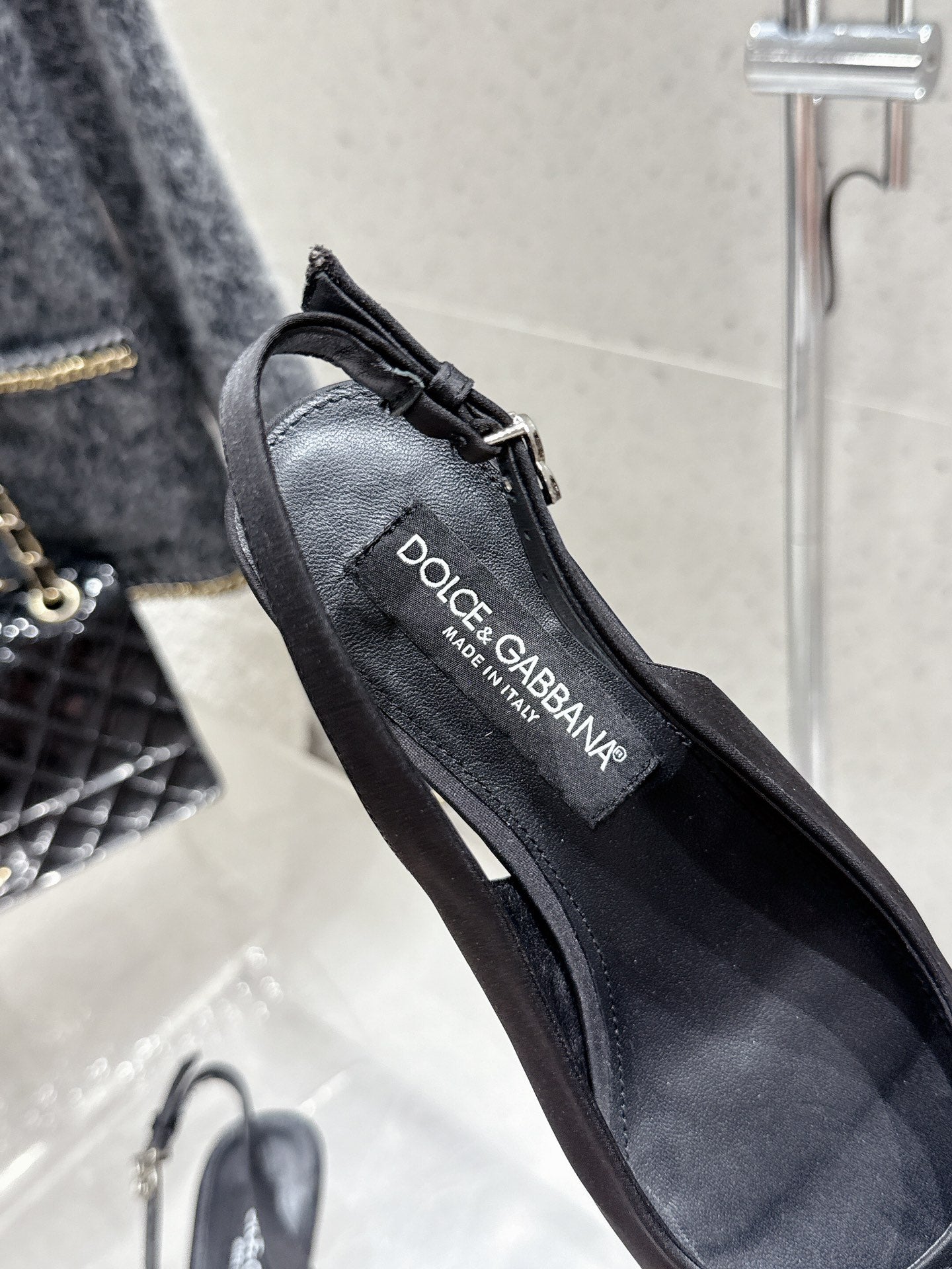 DC Bow Slingback Pumps 30mm Black Satin & Sheepskin 359511