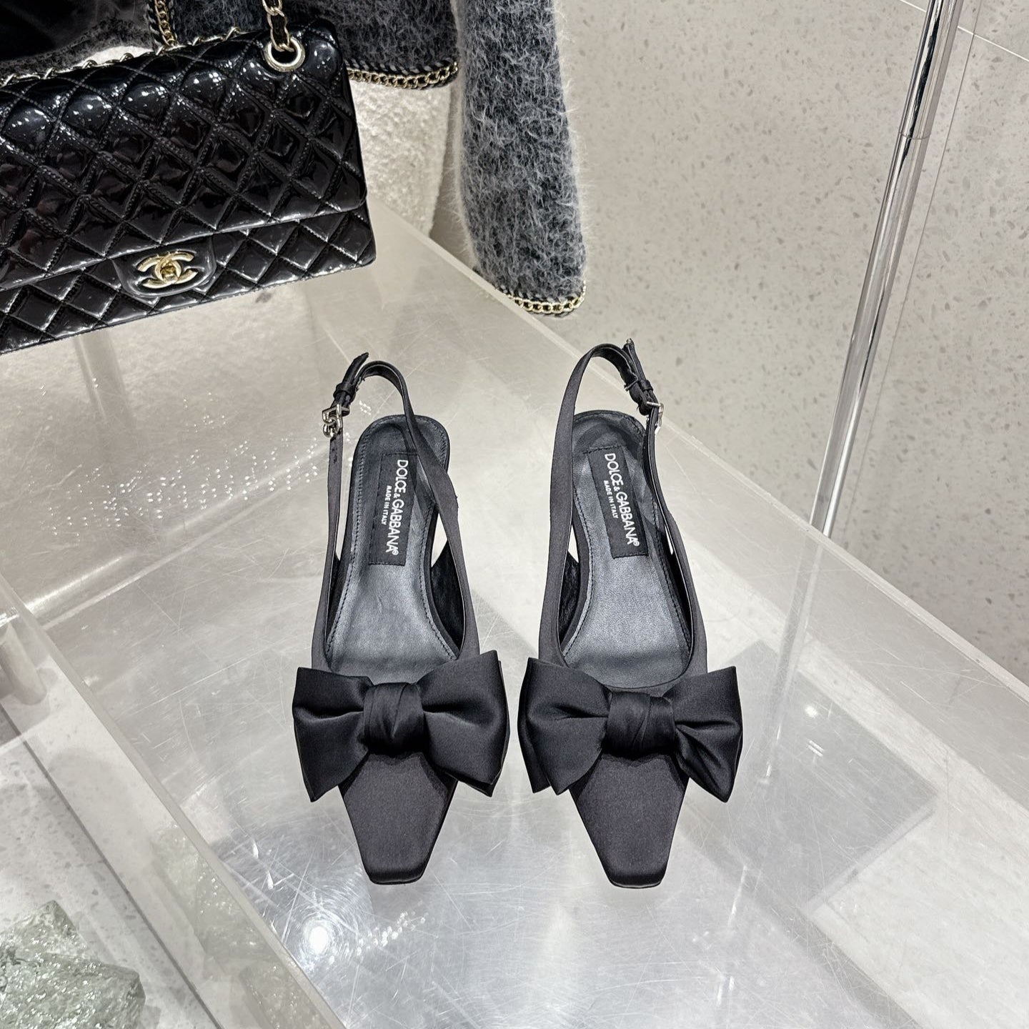 DC Bow Slingback Pumps 30mm Black Satin & Sheepskin 359511