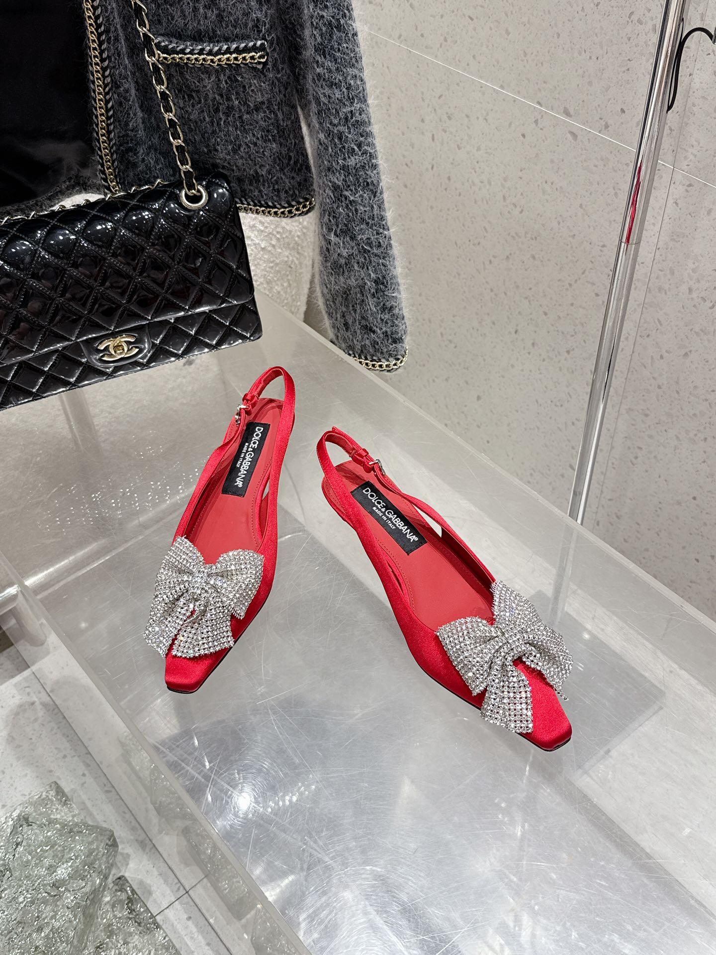 DC 25 Rhinestone Bow Slingback Pumps 40mm Red Silk & Sheepskin Sheepskin 359512