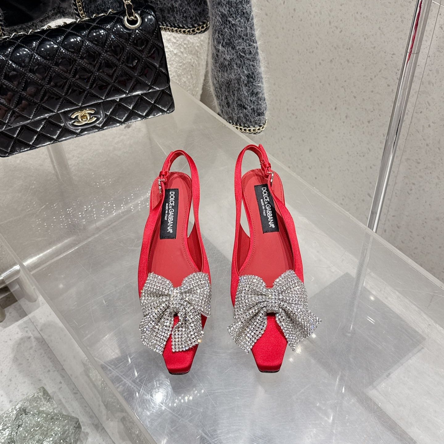 DC 25 Rhinestone Bow Slingback Pumps 40mm Red Silk & Sheepskin Sheepskin 359512