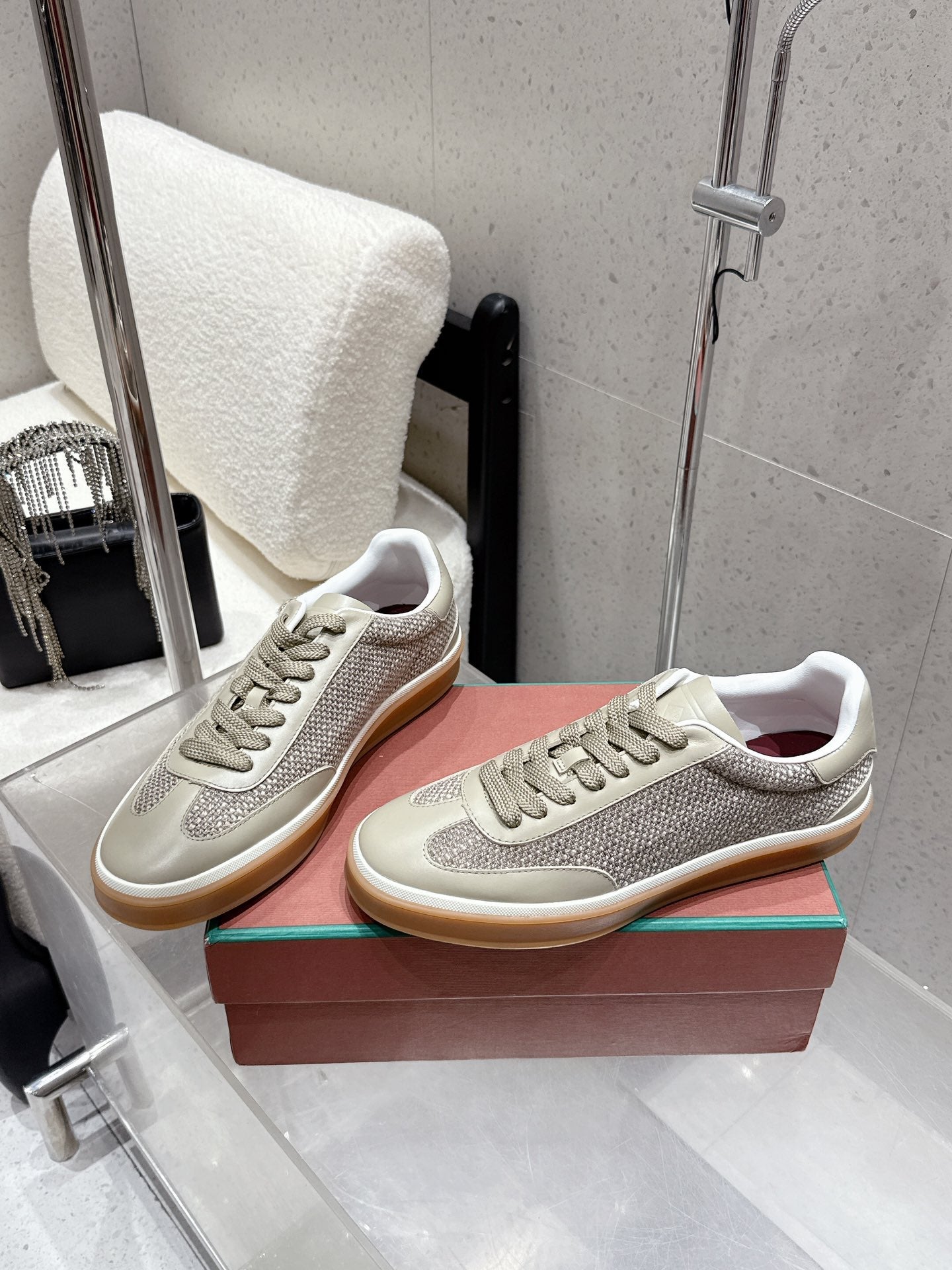 LP Tennis Walk Sneaker Muted Beige-Gray Cowhide Cotton 513538