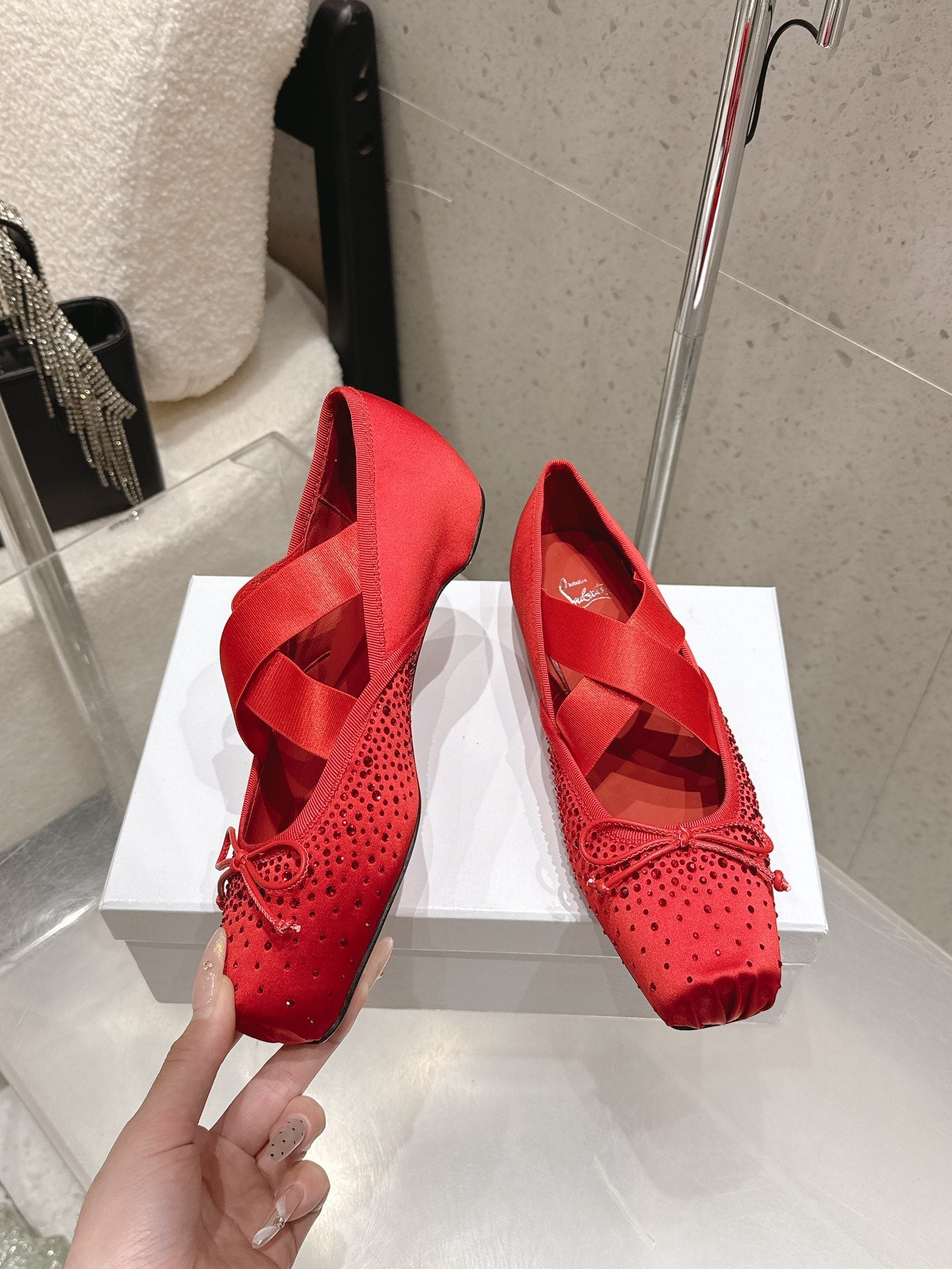 CL Ballet Butterfly Ballet Flats Diamond-Embellished Red Satin 610812