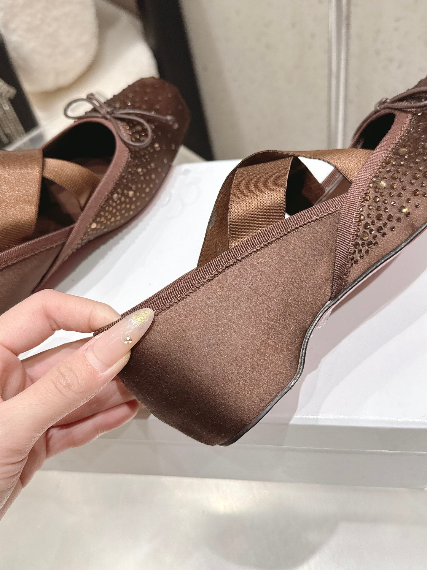 CL Ballet Butterfly Ballet Flats Diamond-Embellished Brown Satin 610814