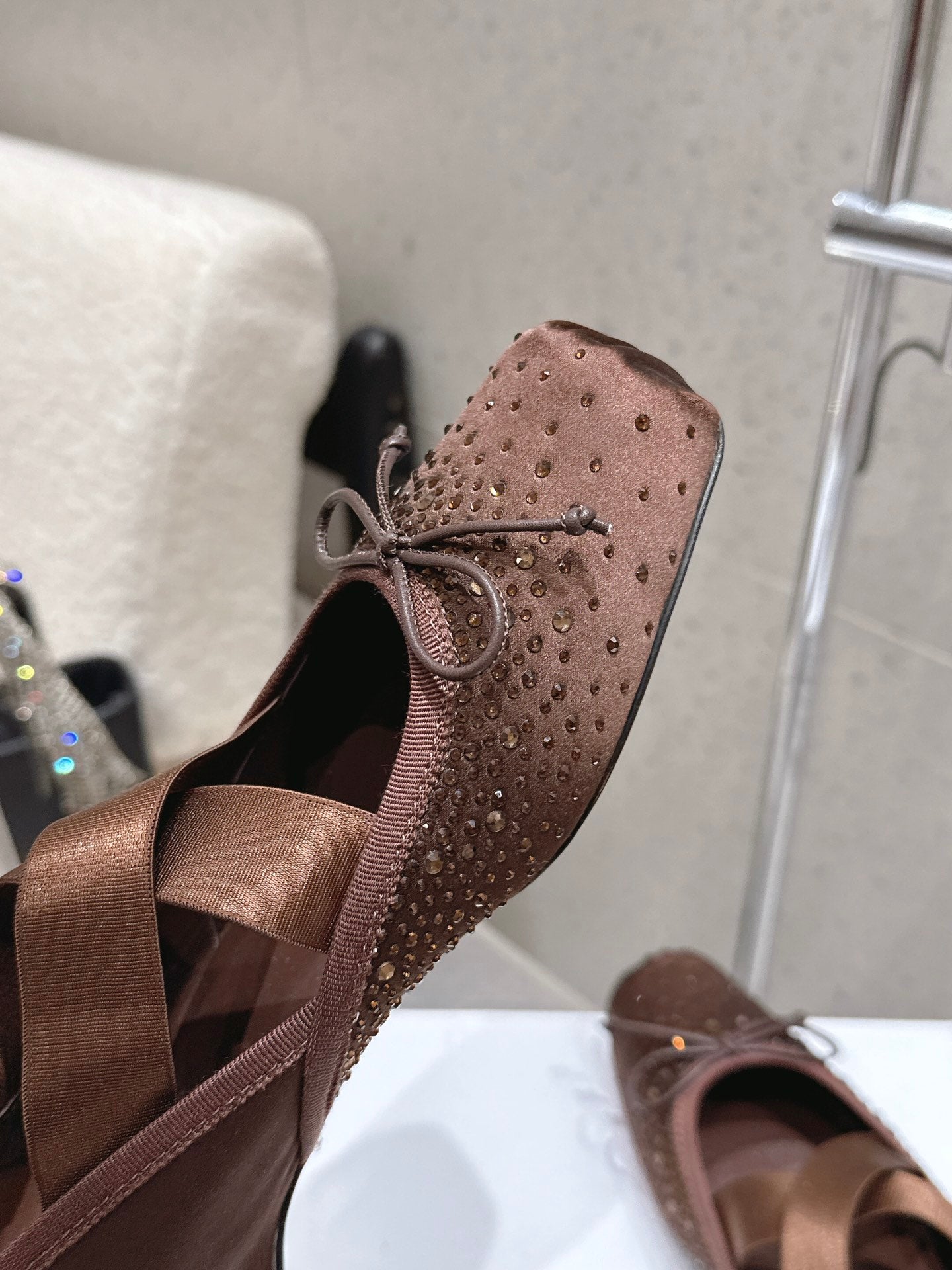 CL Ballet Butterfly Ballet Flats Diamond-Embellished Brown Satin 610814